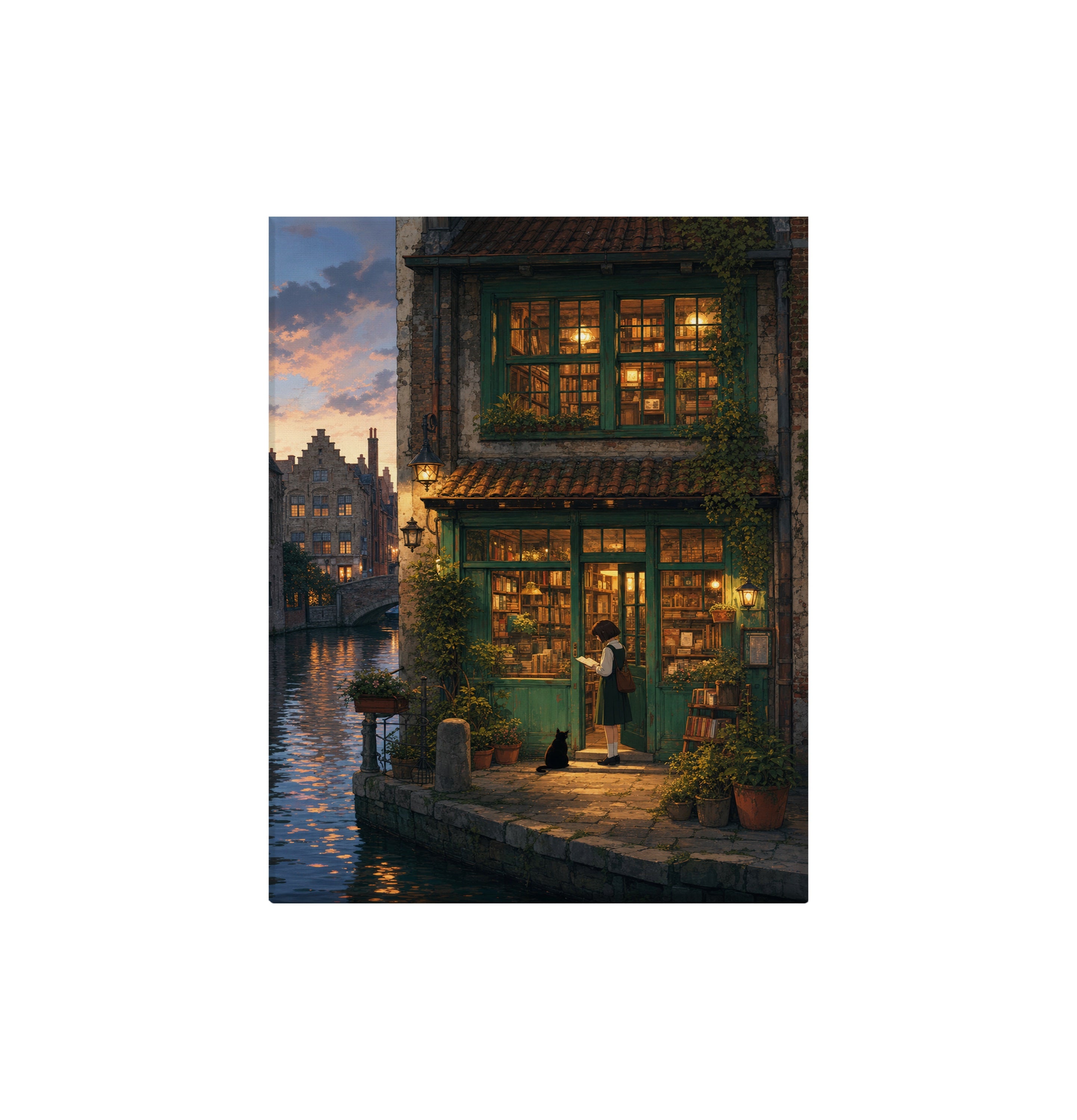 Amsterdam Canal Bookstore Twilight canvas wall art preview by Seji Art