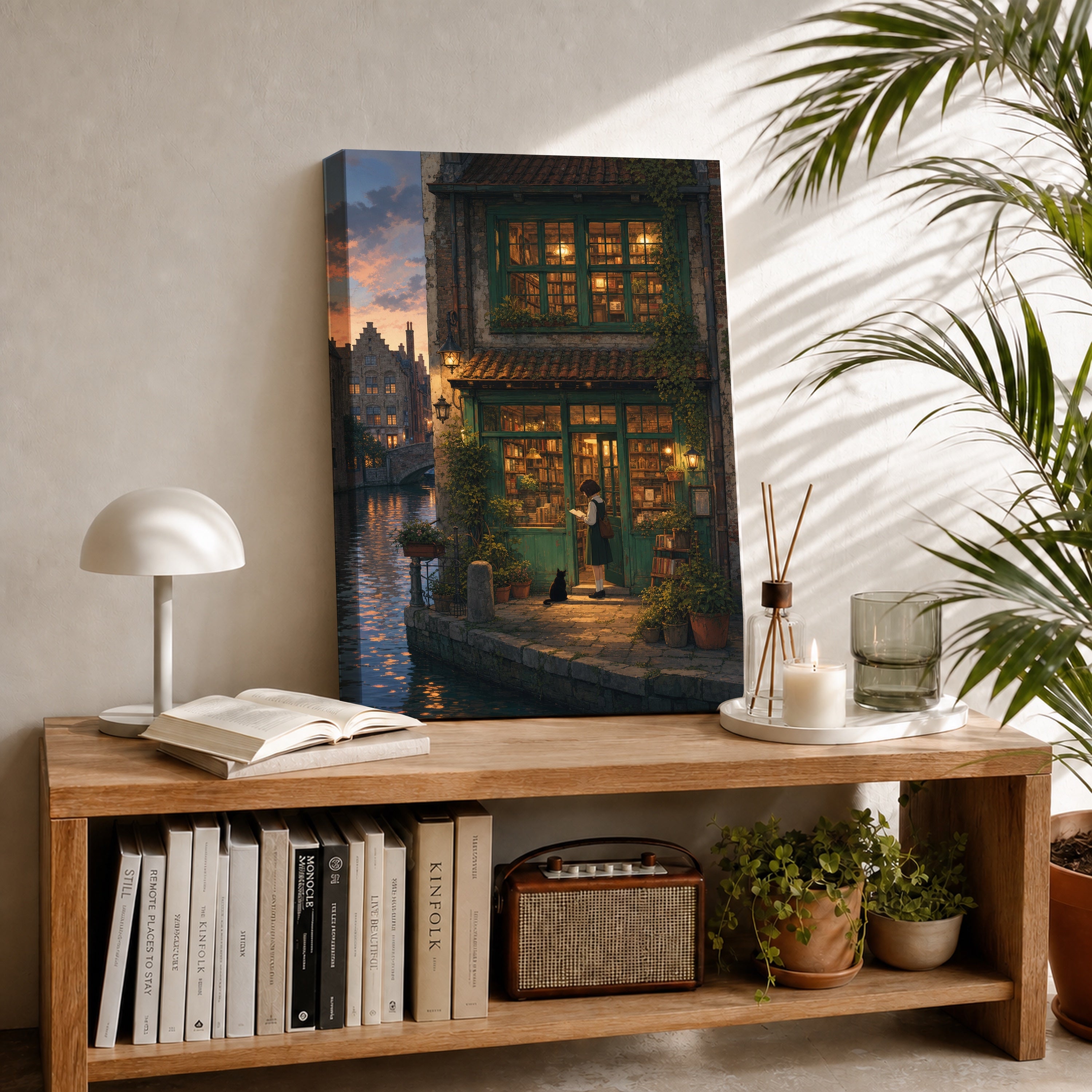 Amsterdam Canal Bookstore Twilight canvas room mockup by Seji Art