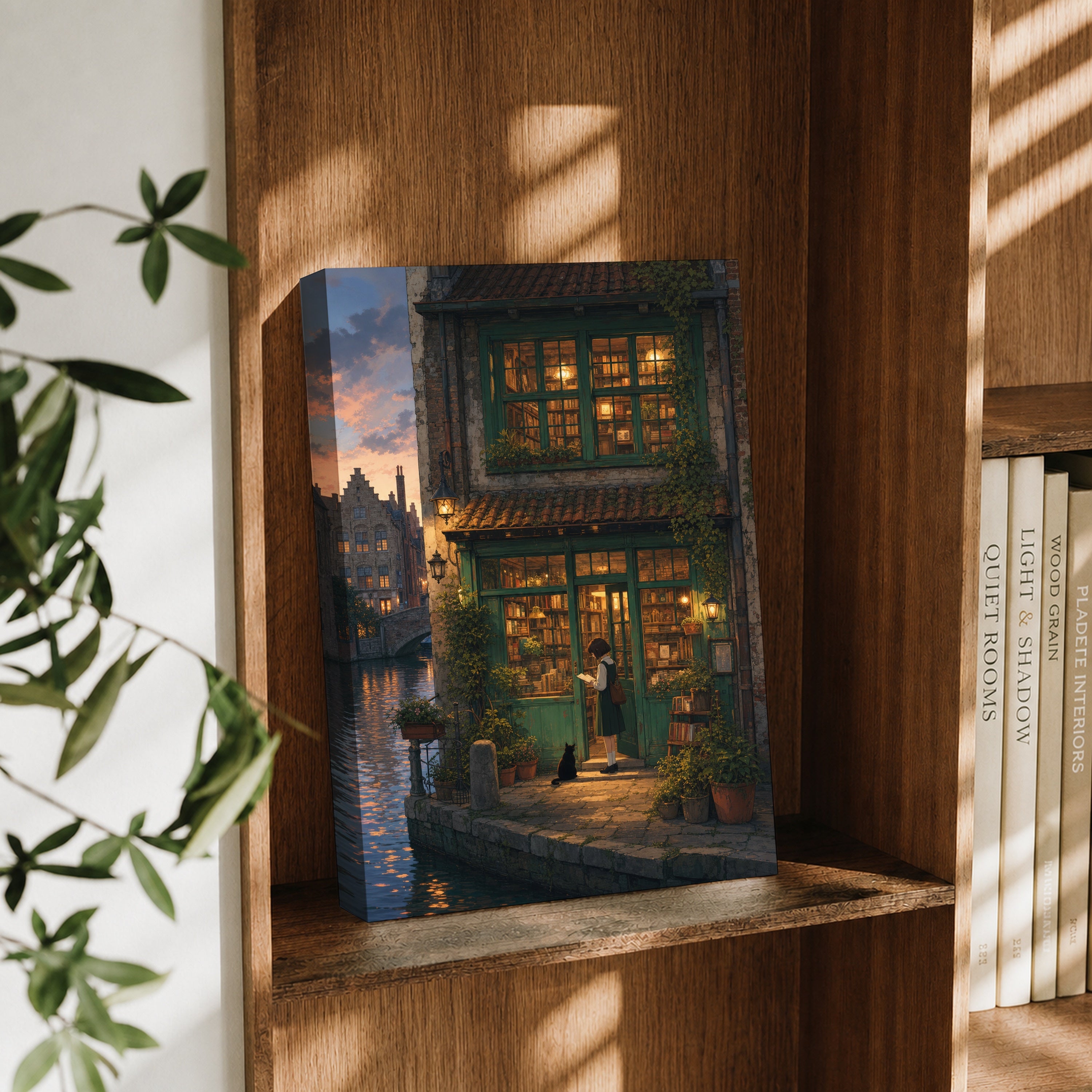 Amsterdam Canal Bookstore Twilight canvas wall art decor mockup by Seji Art