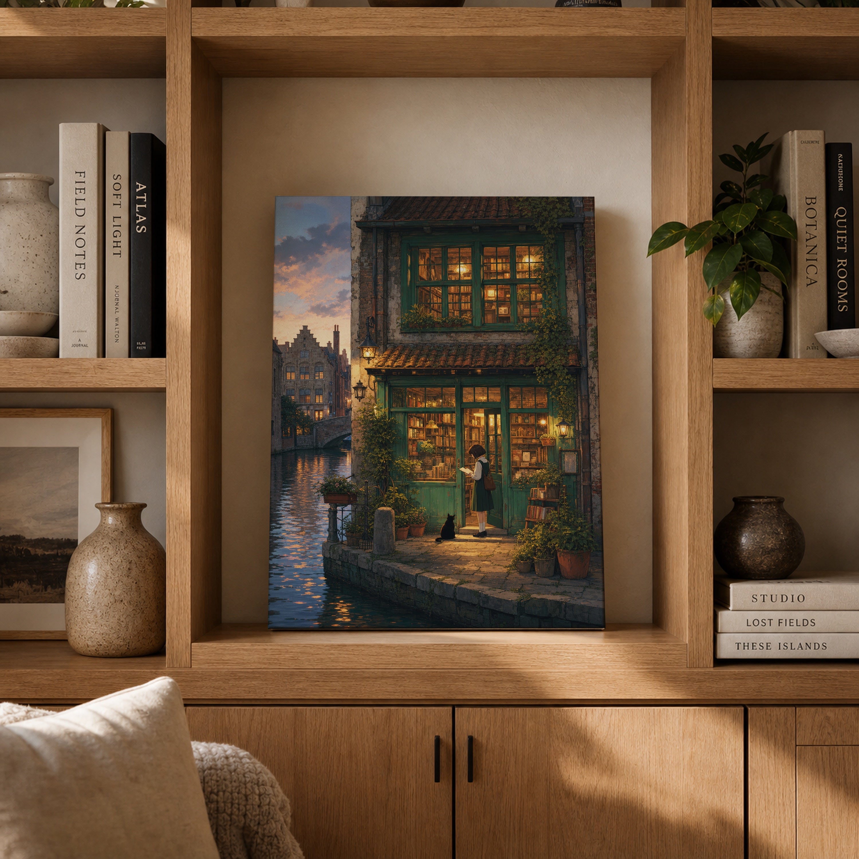 Amsterdam Canal Bookstore Twilight canvas gallery shelf mockup by Seji Art