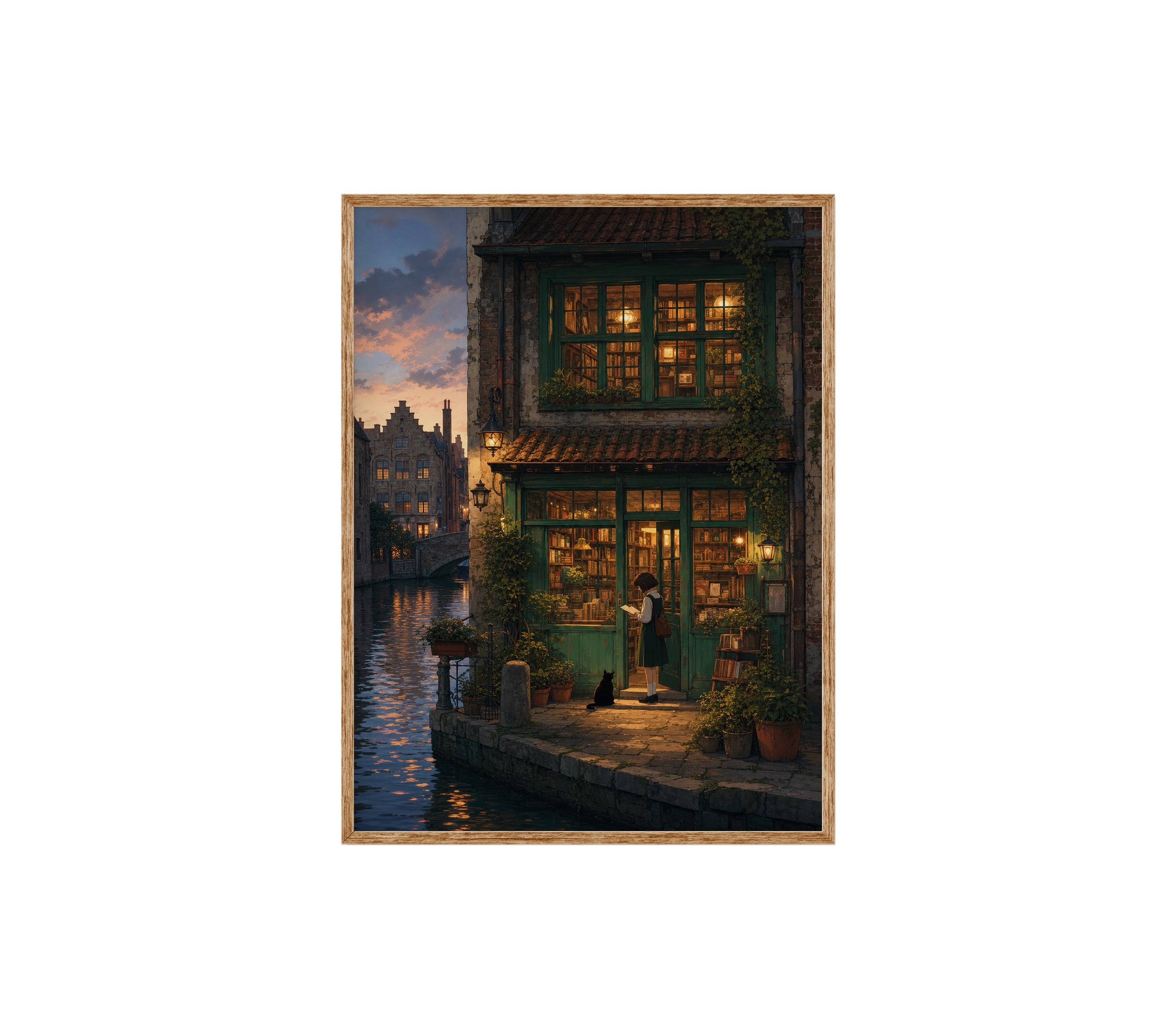 Amsterdam Canal Bookstore Twilight poster print preview by Seji Art