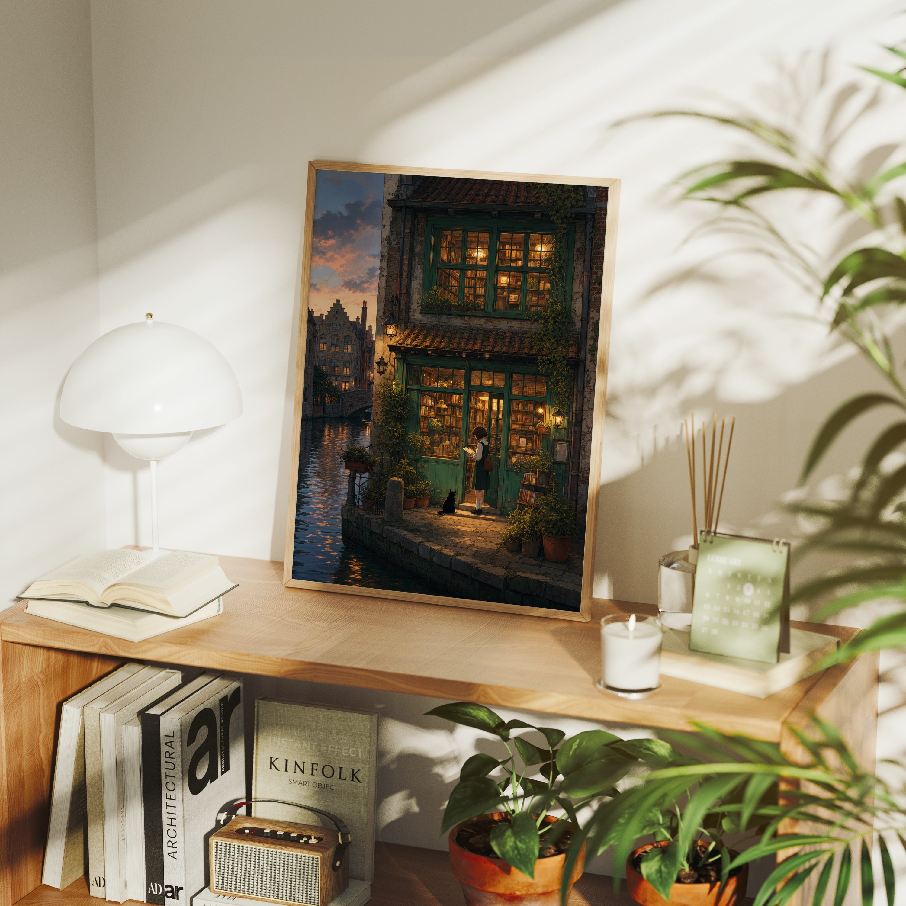 Amsterdam Canal Bookstore Twilight poster framed room mockup by Seji Art