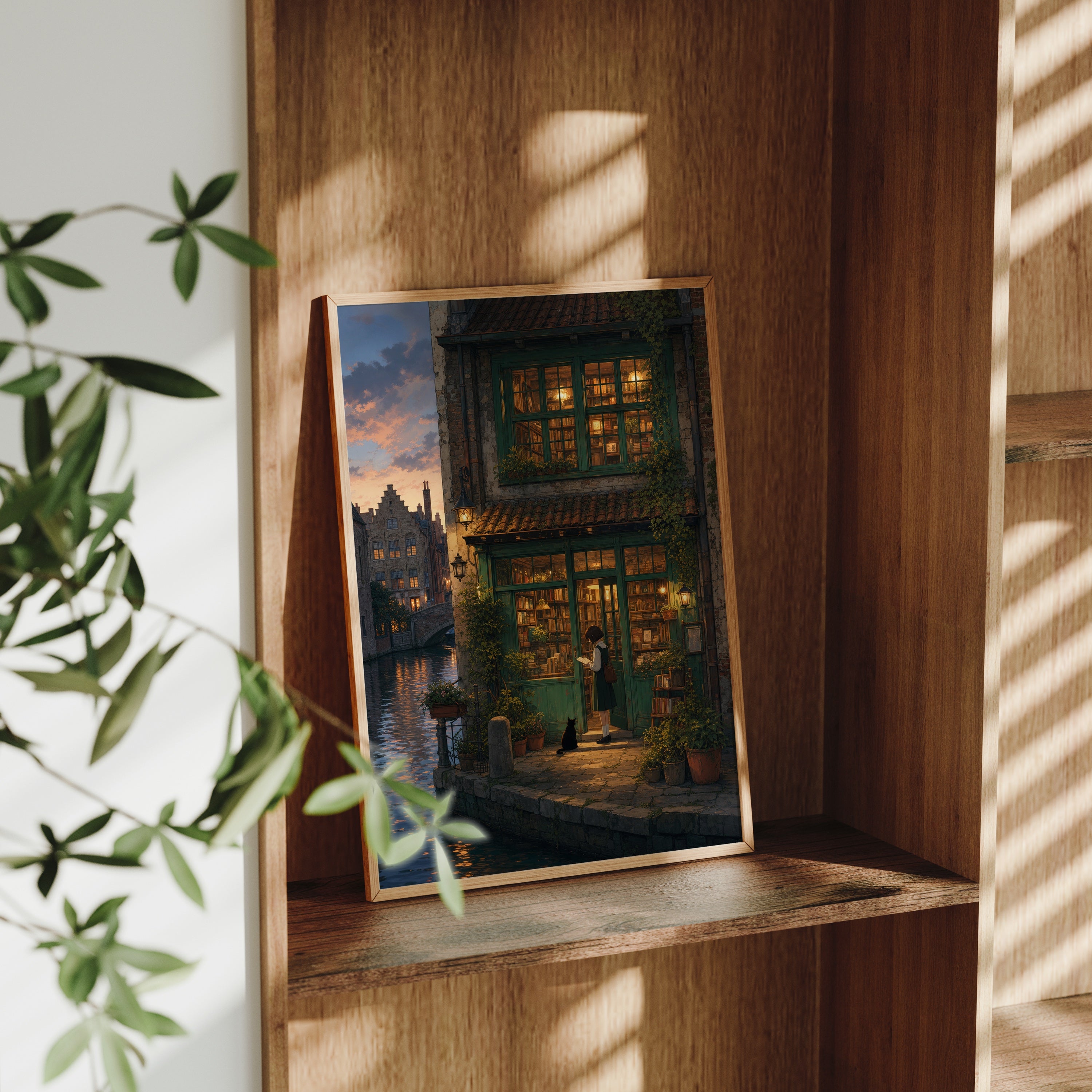 Amsterdam Canal Bookstore Twilight poster gallery shelf mockup by Seji Art