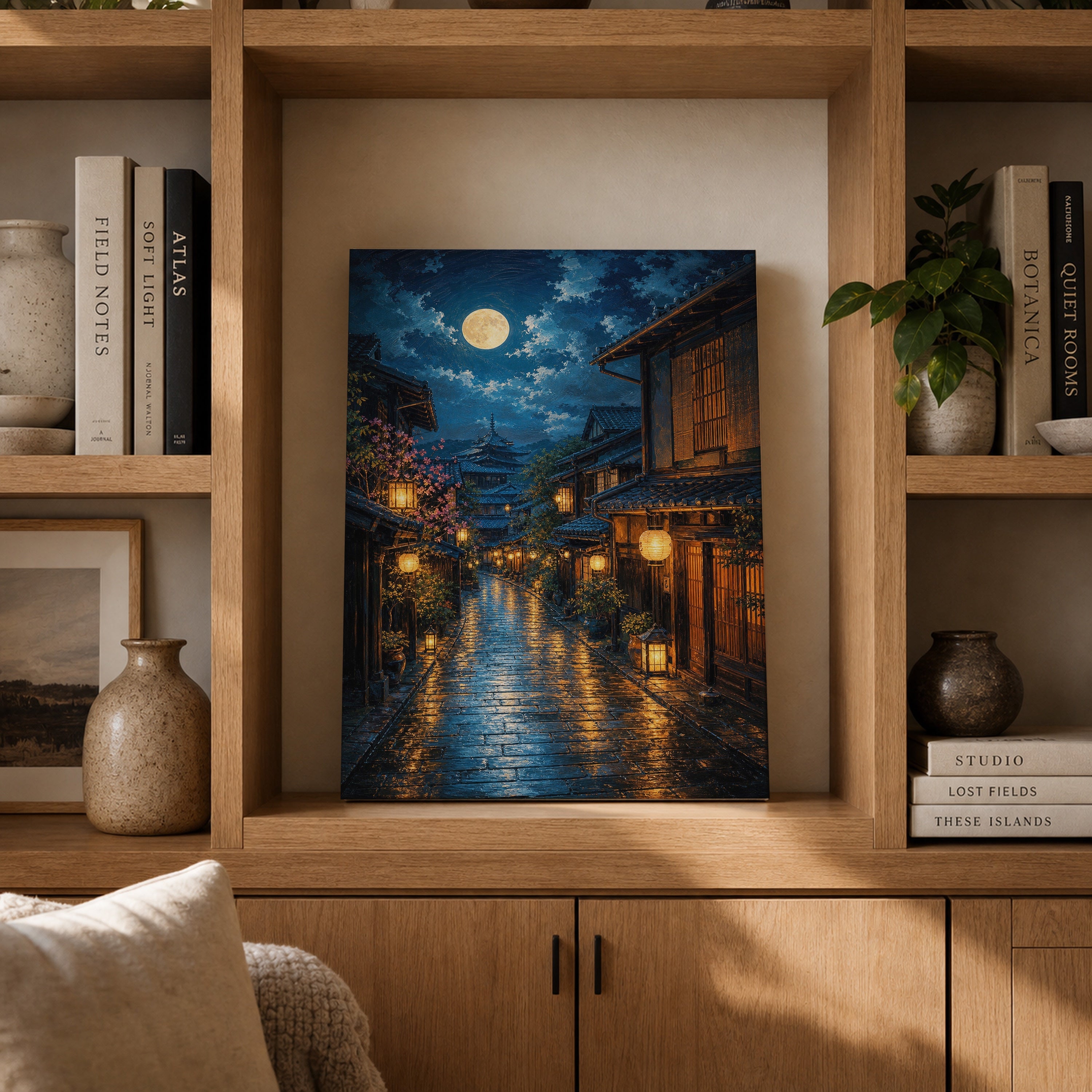 Amsterdam Canal Rainy Night canvas gallery shelf mockup by Seji Art