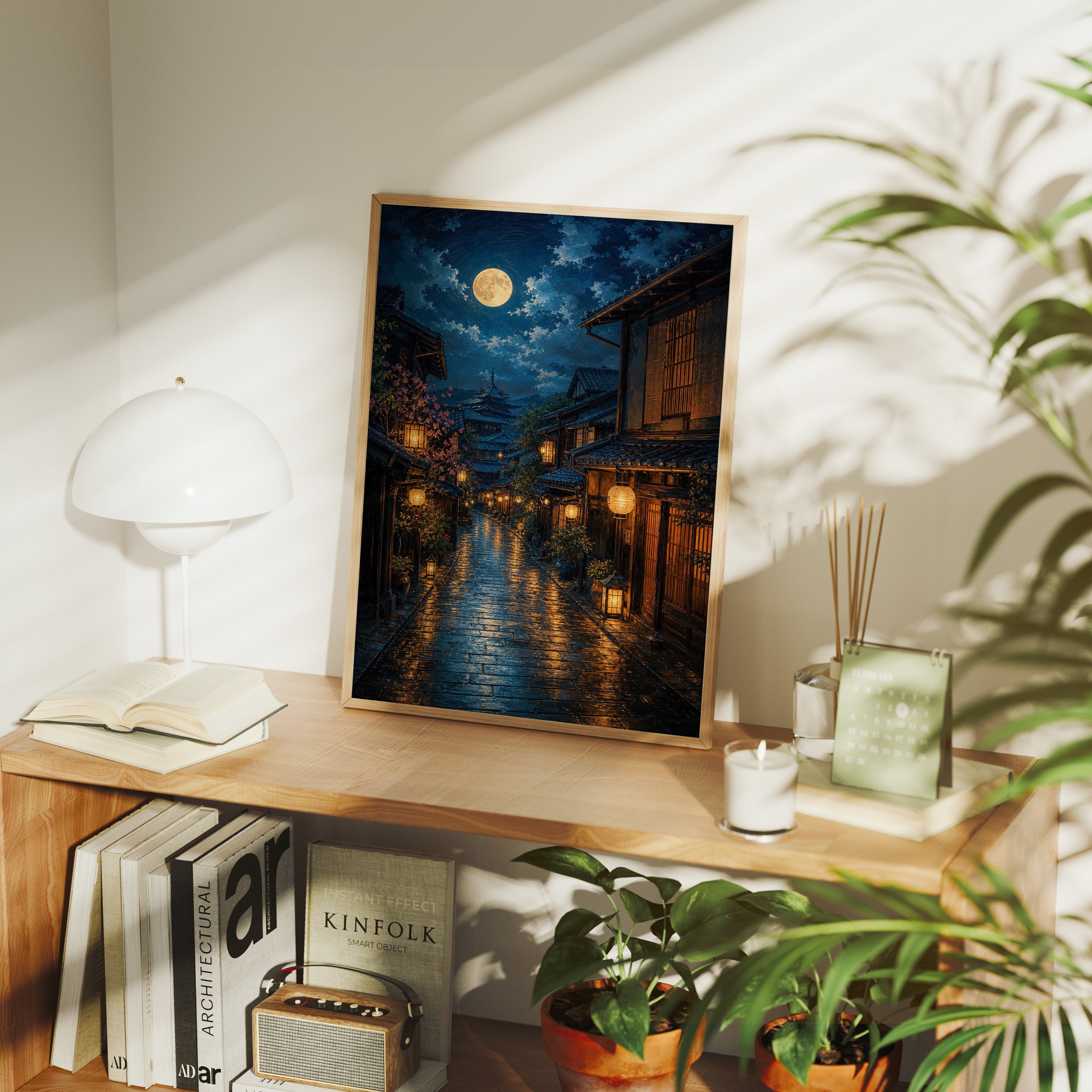Amsterdam Canal Rainy Night poster framed room mockup by Seji Art