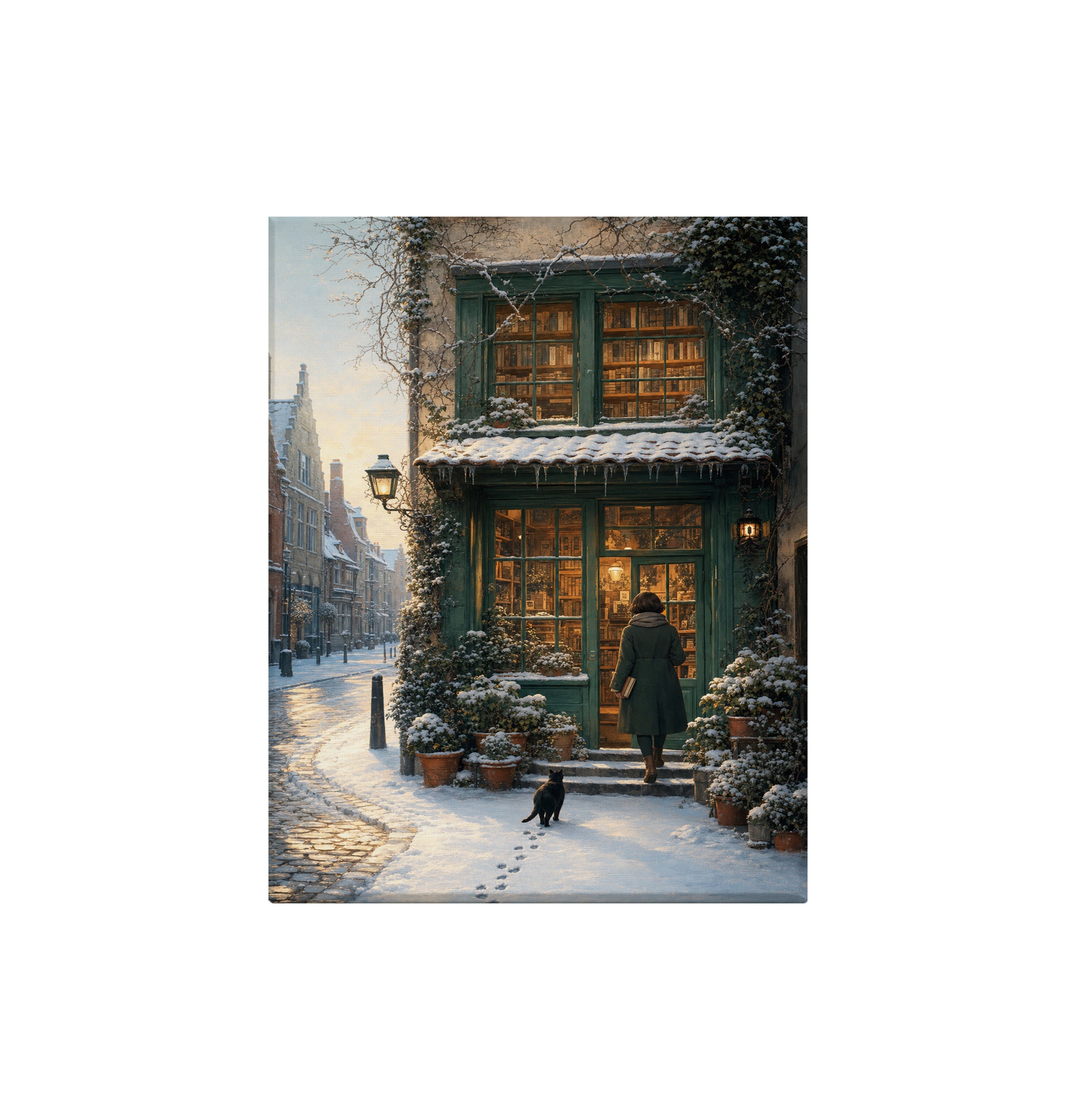 Amsterdam Snowy Bookstore canvas wall art preview by Seji Art