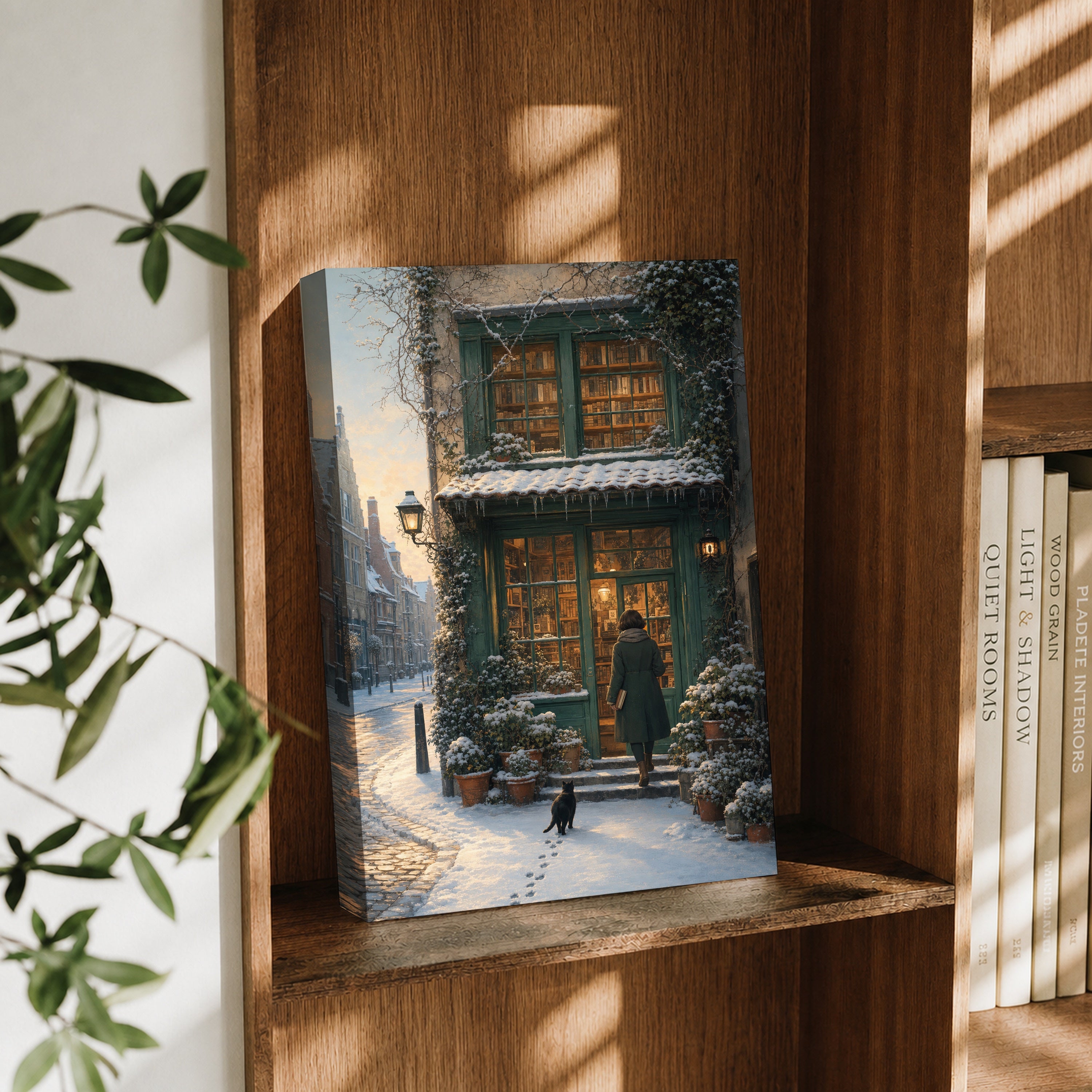 Amsterdam Snowy Bookstore canvas wall art decor mockup by Seji Art