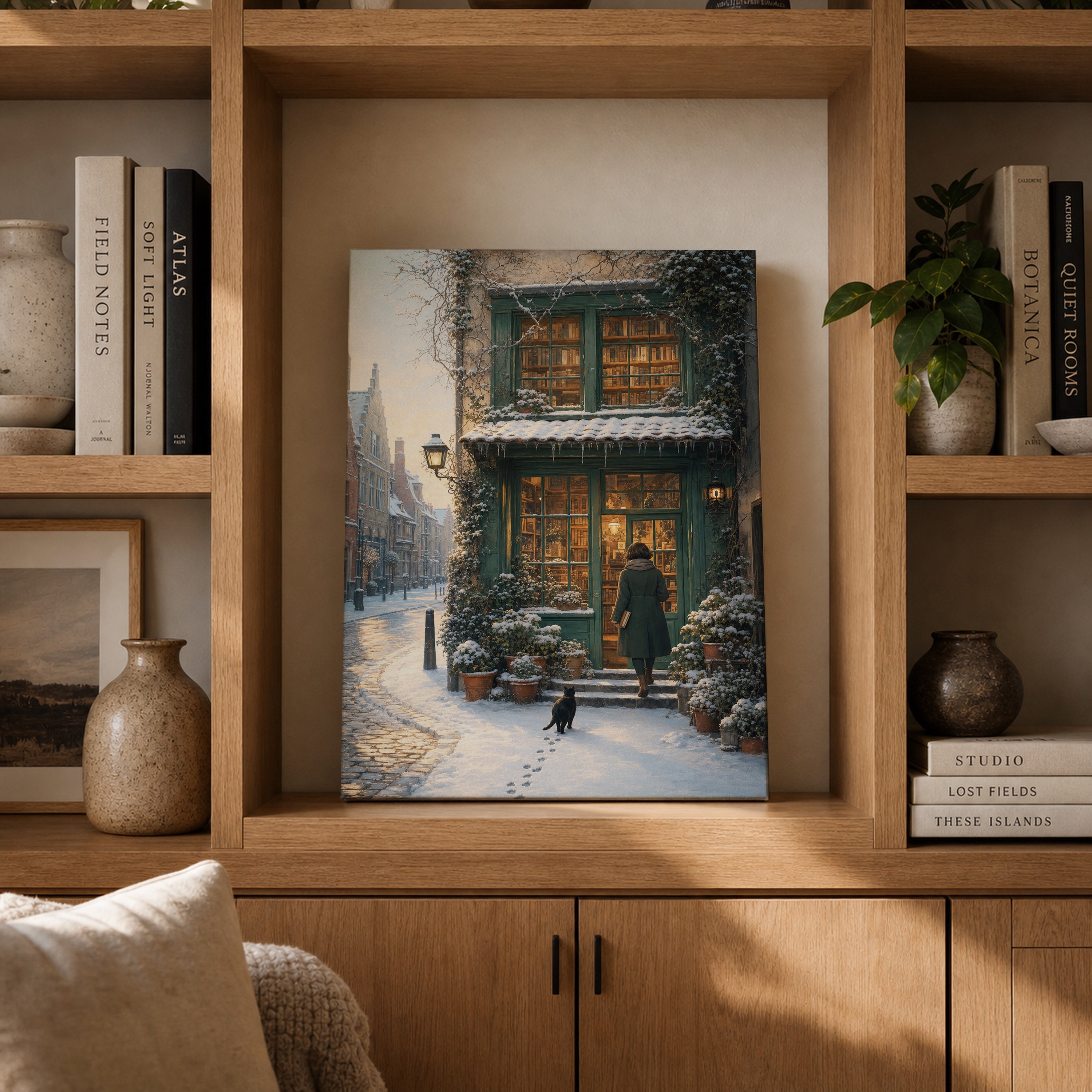 Amsterdam Snowy Bookstore canvas gallery shelf mockup by Seji Art