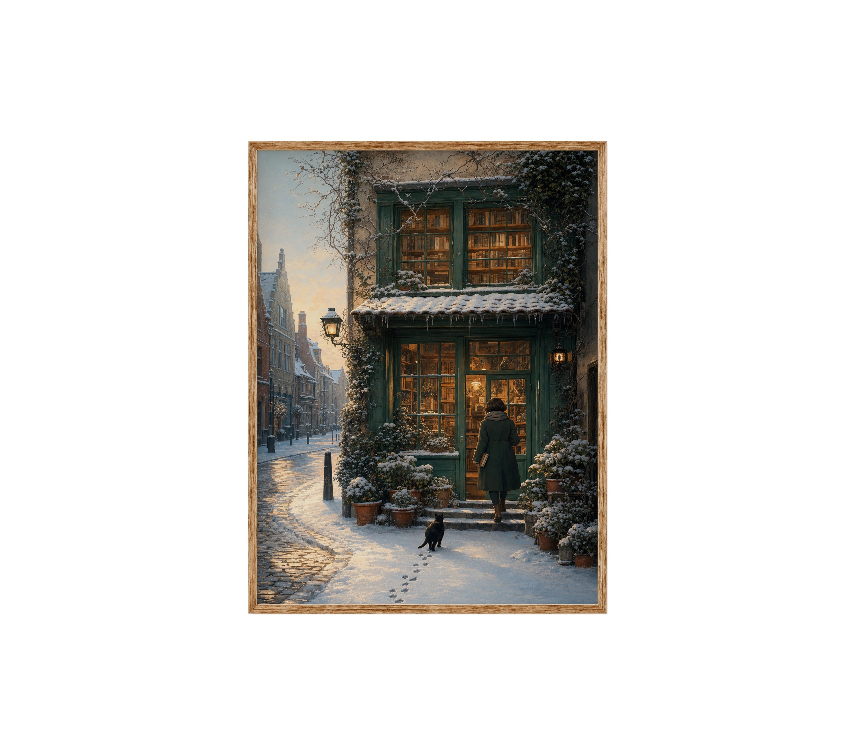 Amsterdam Snowy Bookstore poster print preview by Seji Art