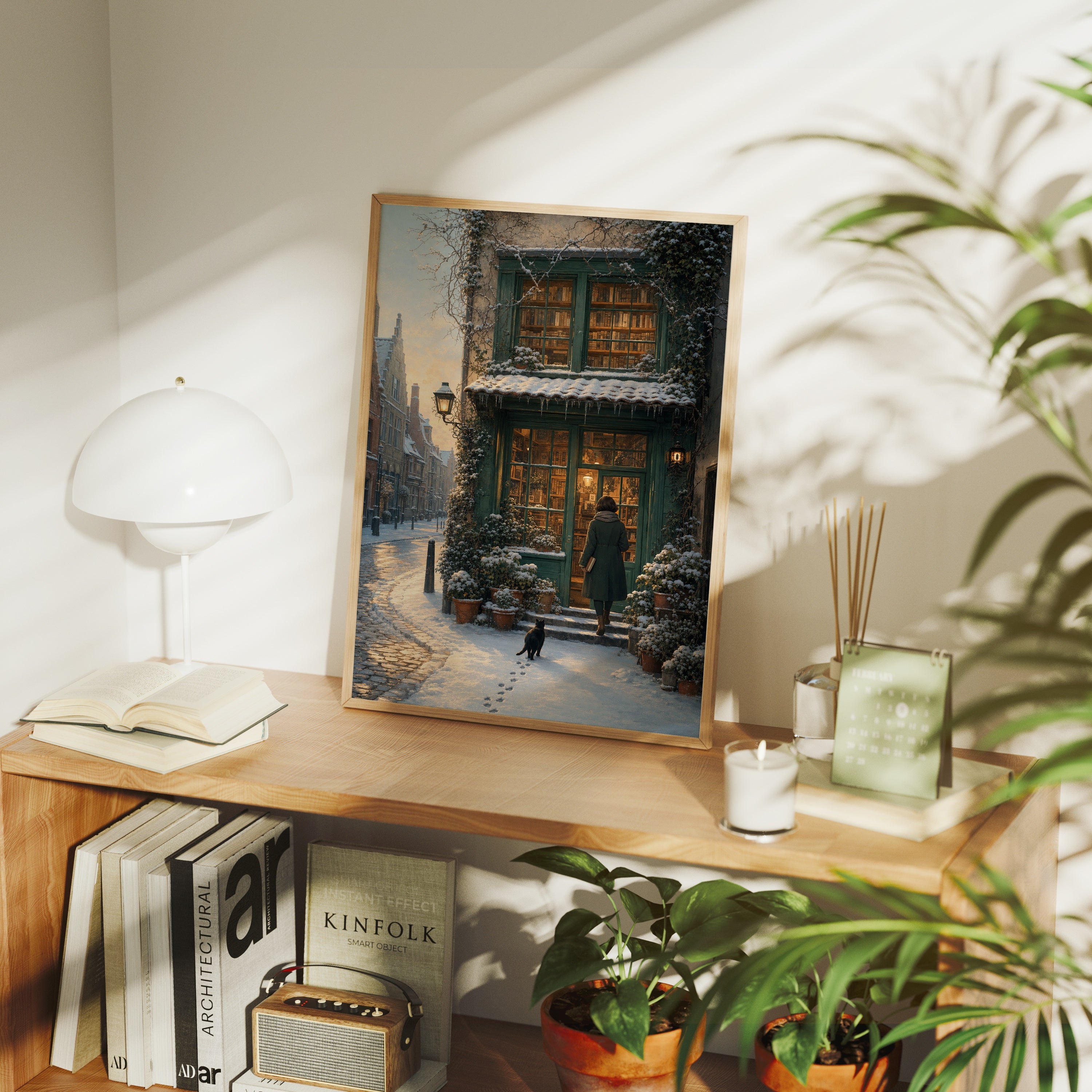 Amsterdam Snowy Bookstore poster framed room mockup by Seji Art
