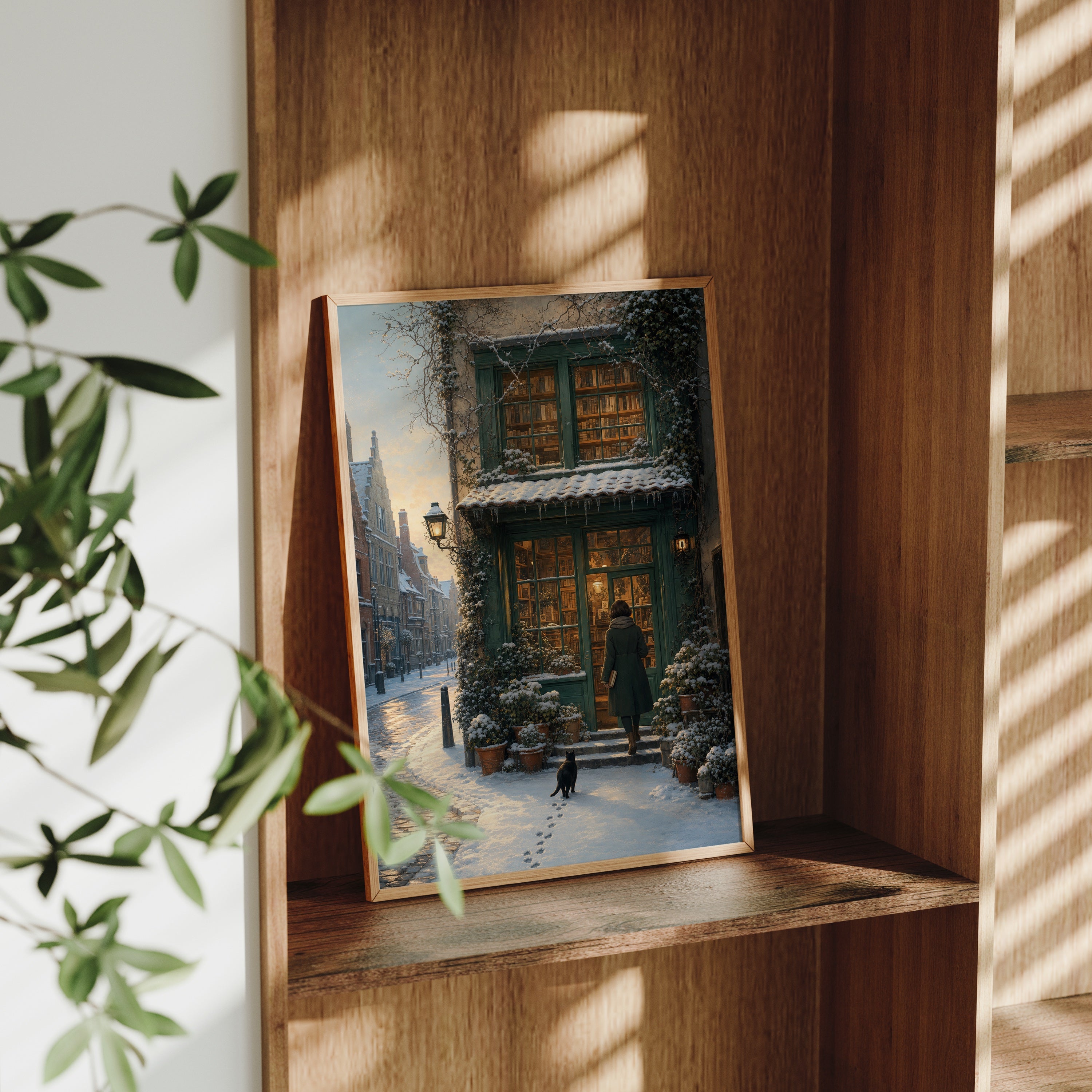 Amsterdam Snowy Bookstore poster gallery shelf mockup by Seji Art