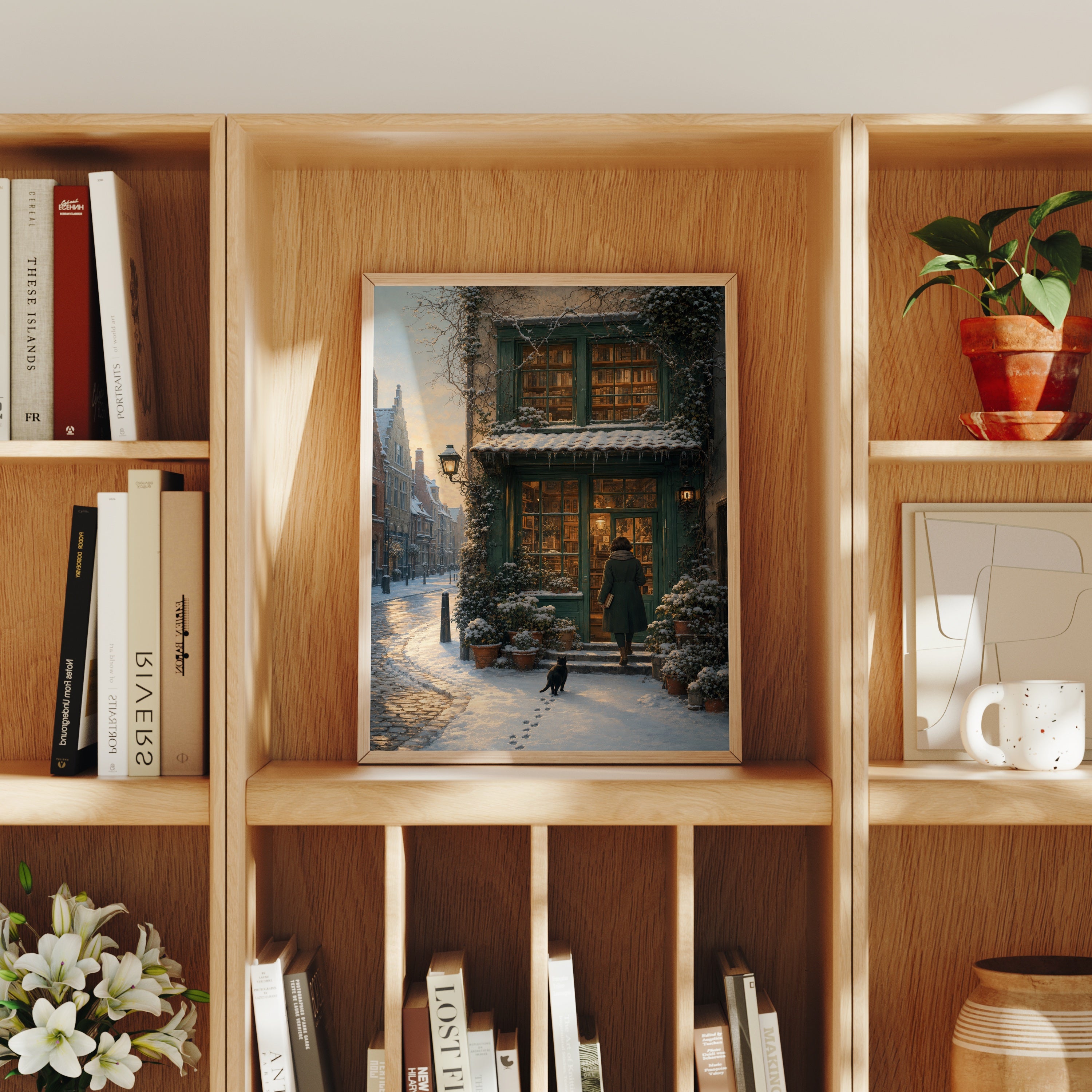 Amsterdam Snowy Bookstore poster home decor mockup by Seji Art