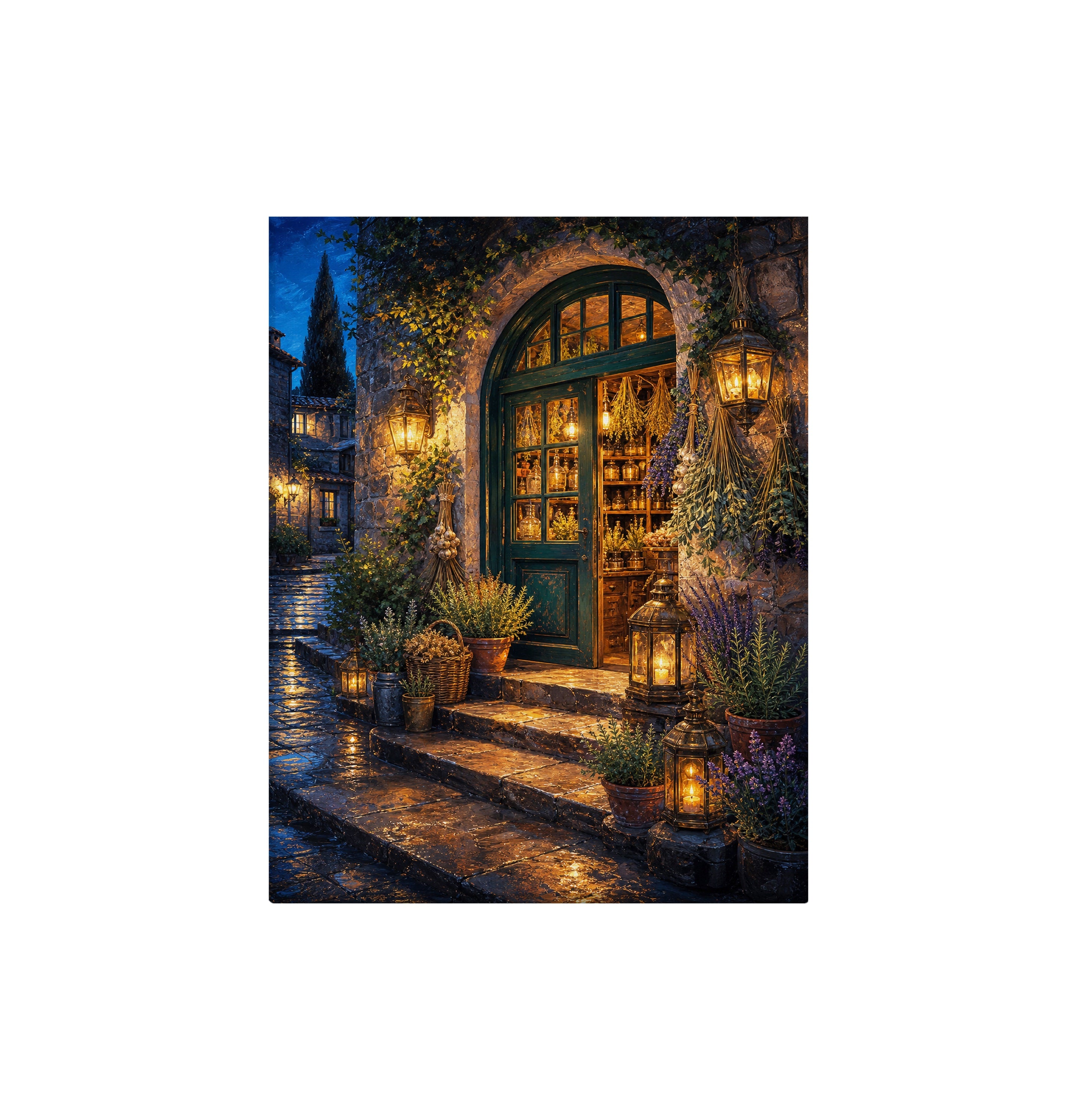 Arched Courtyard Cafe Night canvas wall art preview by Seji Art