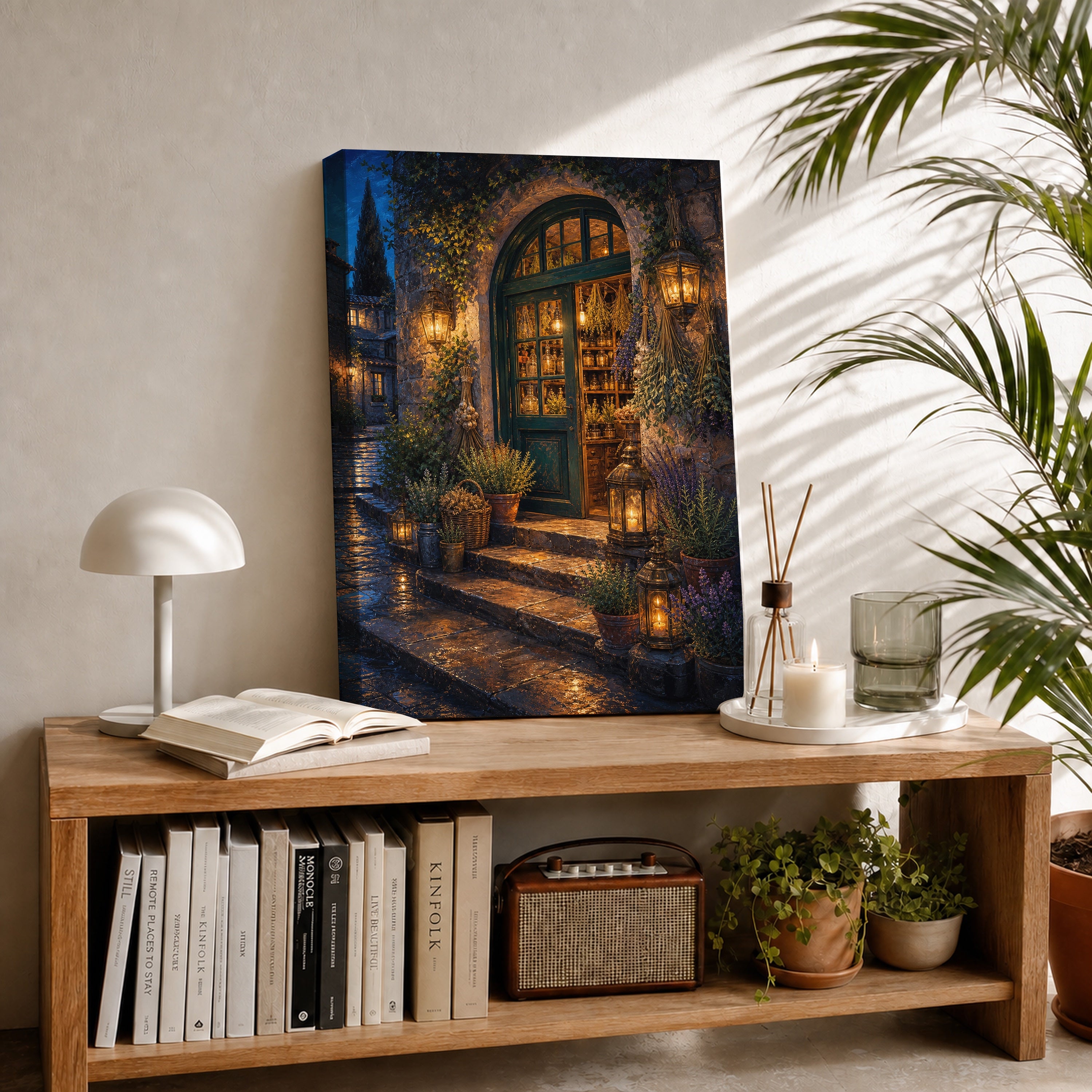 Arched Courtyard Cafe Night canvas room mockup by Seji Art