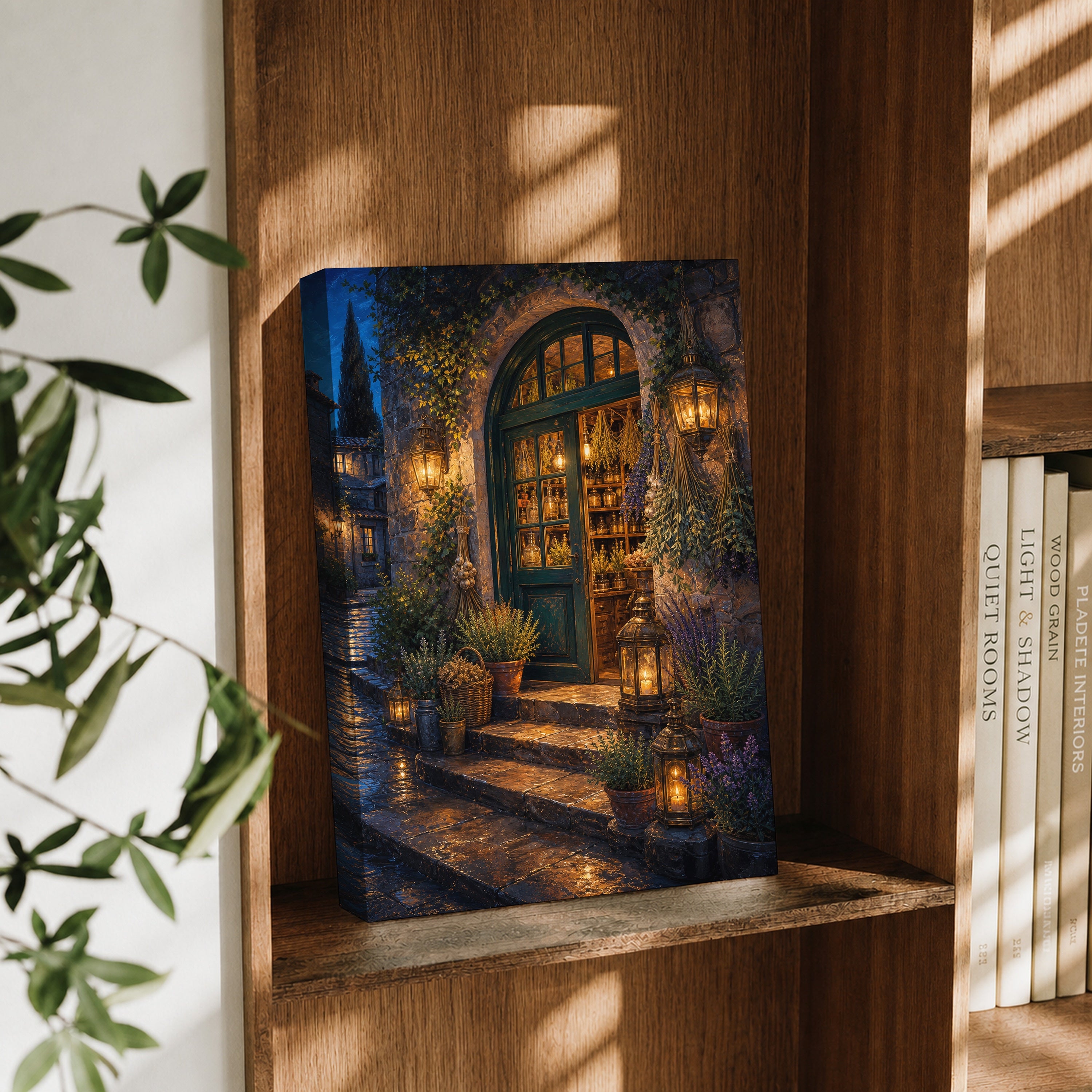 Arched Courtyard Cafe Night canvas wall art decor mockup by Seji Art