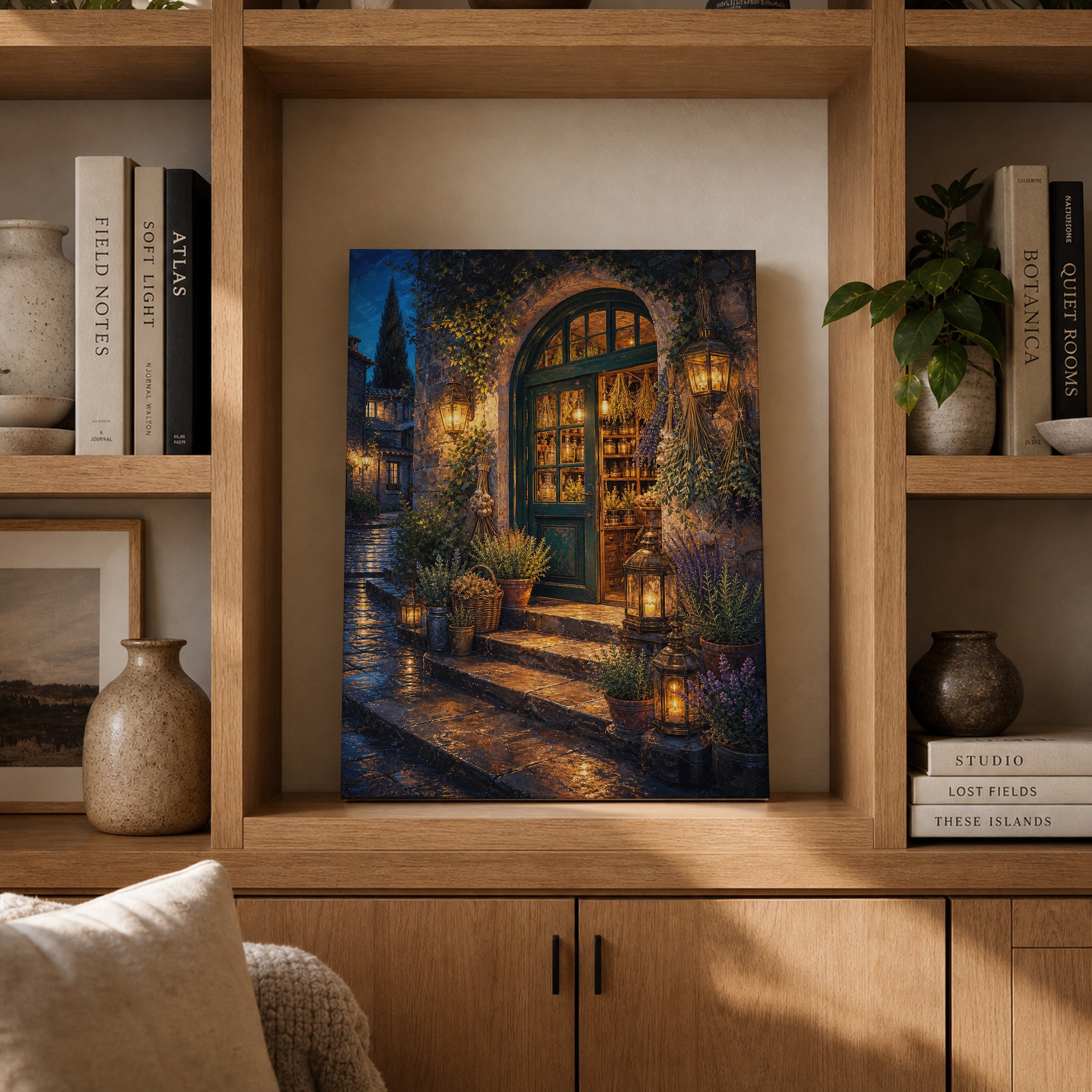 Arched Courtyard Cafe Night canvas gallery shelf mockup by Seji Art