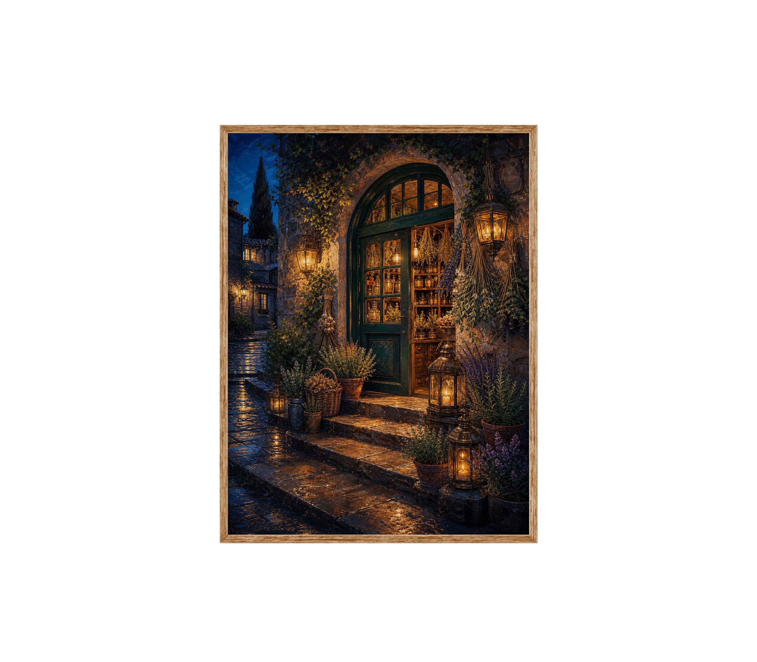 Arched Courtyard Cafe Night poster print preview by Seji Art
