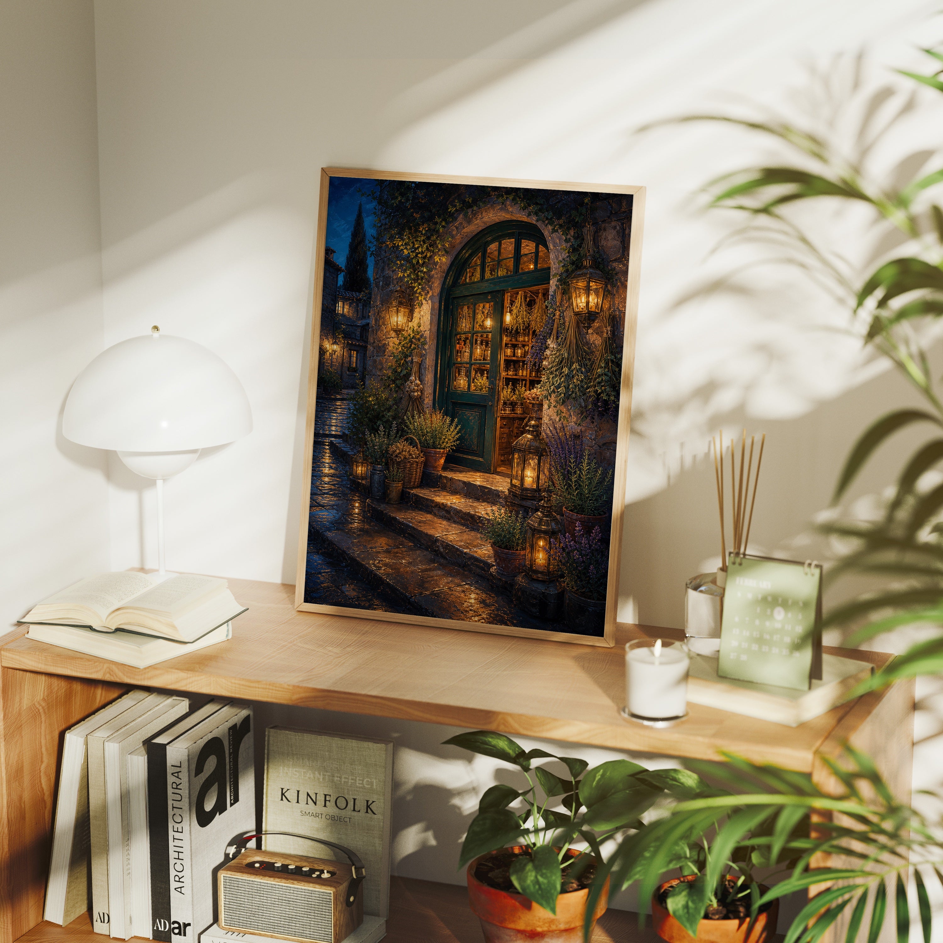 Arched Courtyard Cafe Night poster framed room mockup by Seji Art