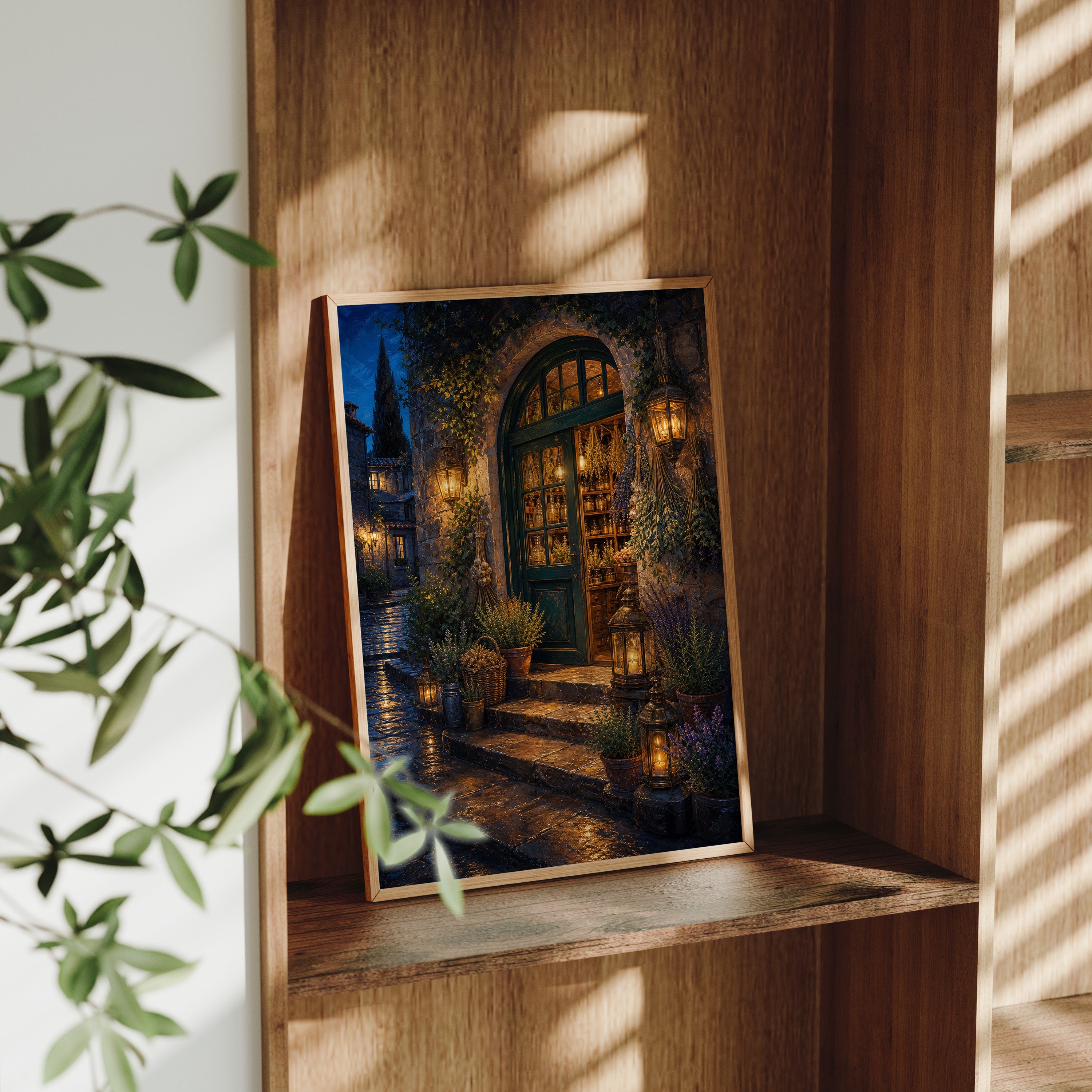 Arched Courtyard Cafe Night poster gallery shelf mockup by Seji Art