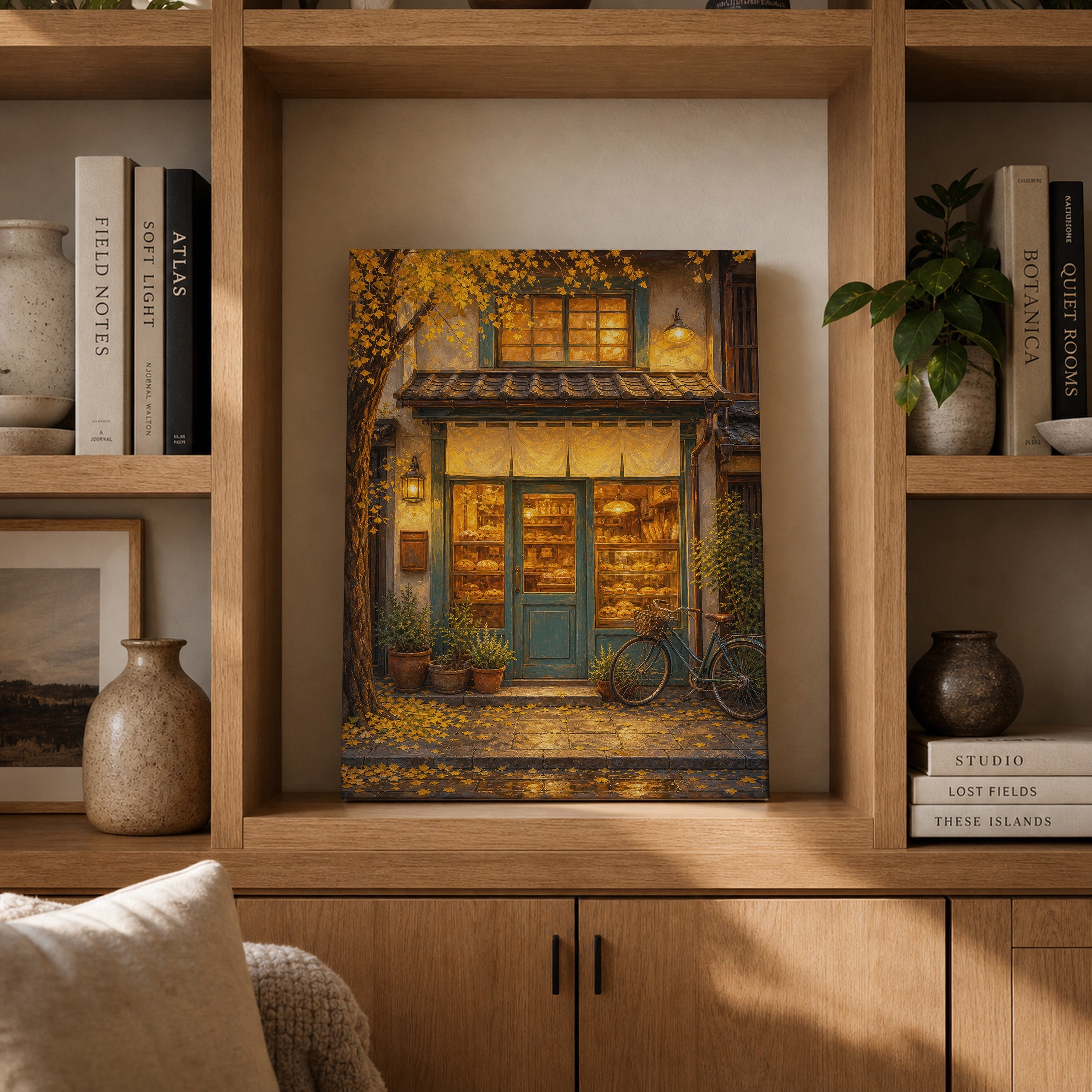 Autumn Bookshop Storefront canvas gallery shelf mockup by Seji Art