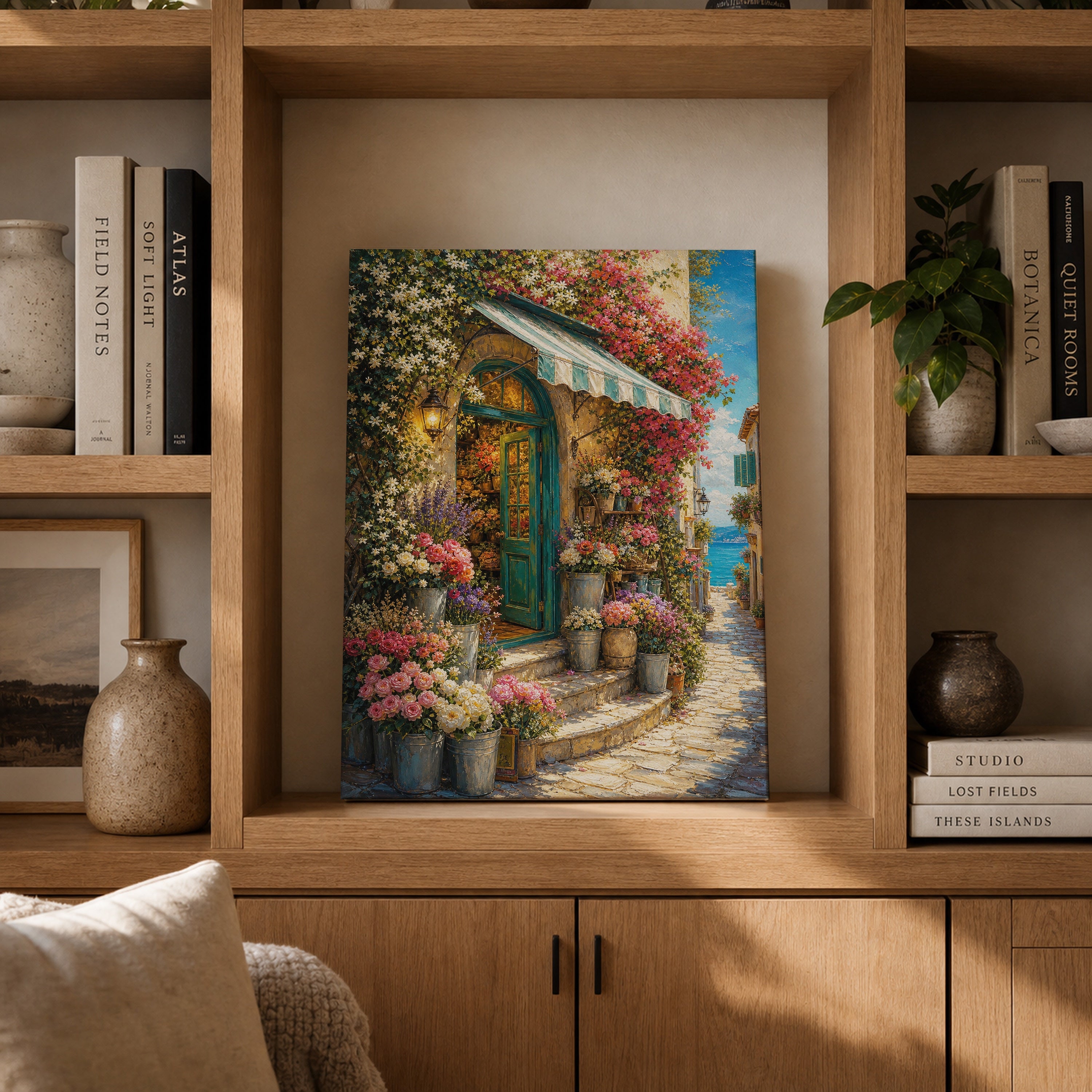 Blooming Cottage Doorway canvas gallery shelf mockup by Seji Art
