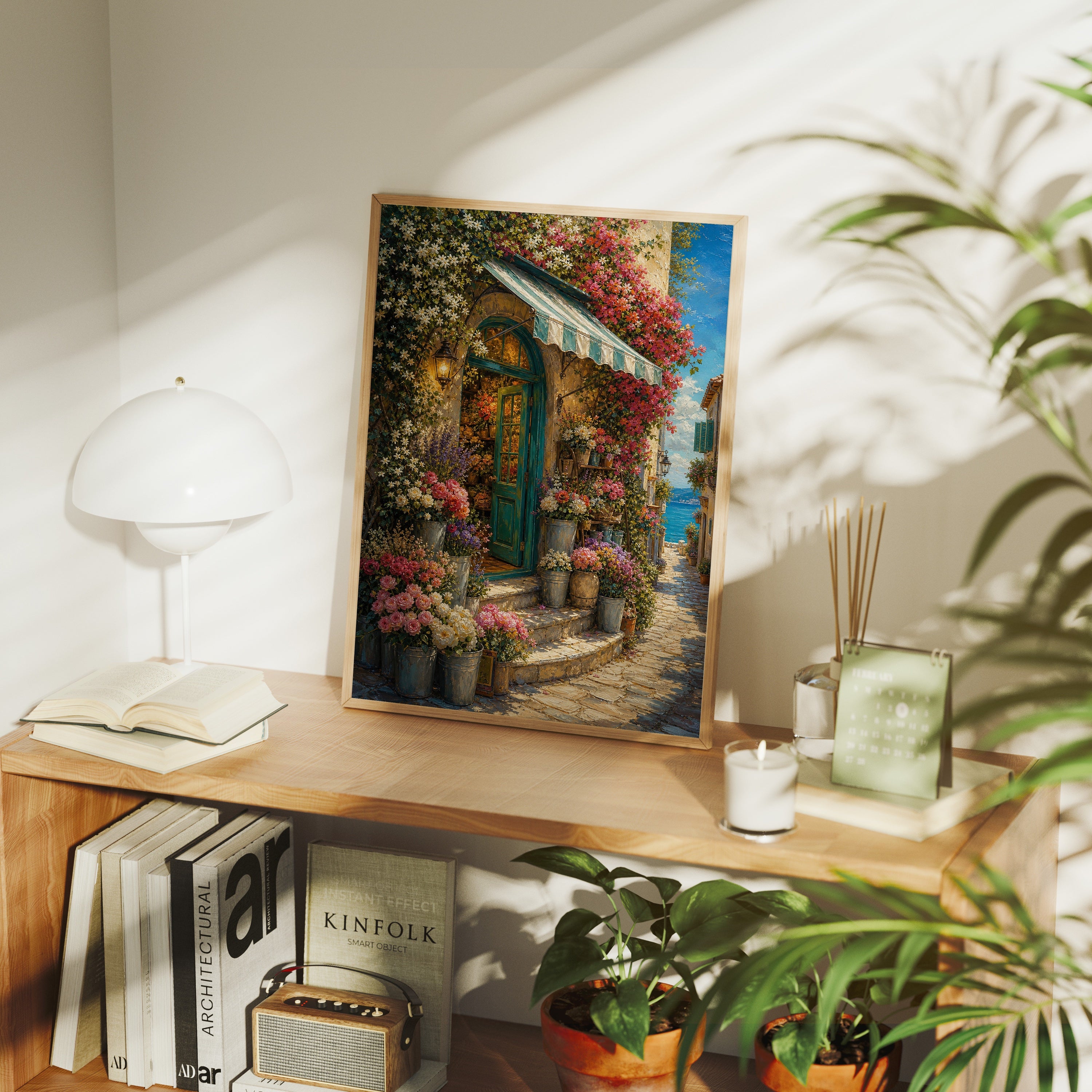 Blooming Cottage Doorway poster framed room mockup by Seji Art