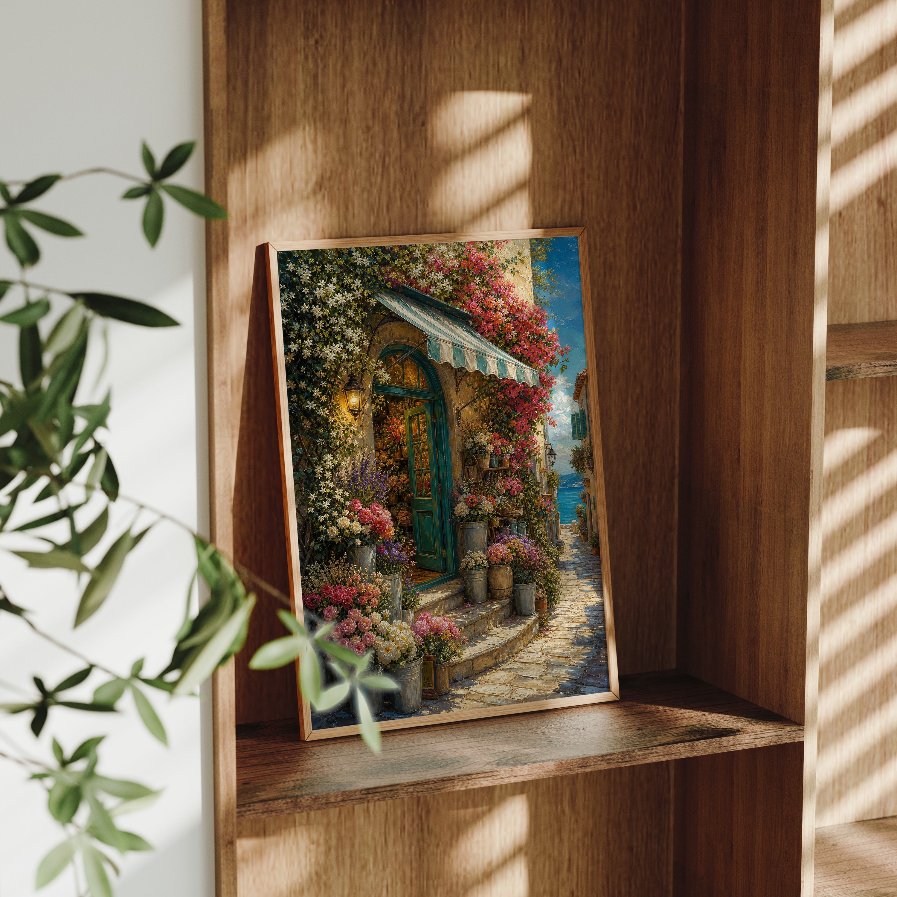 Blooming Cottage Doorway poster gallery shelf mockup by Seji Art