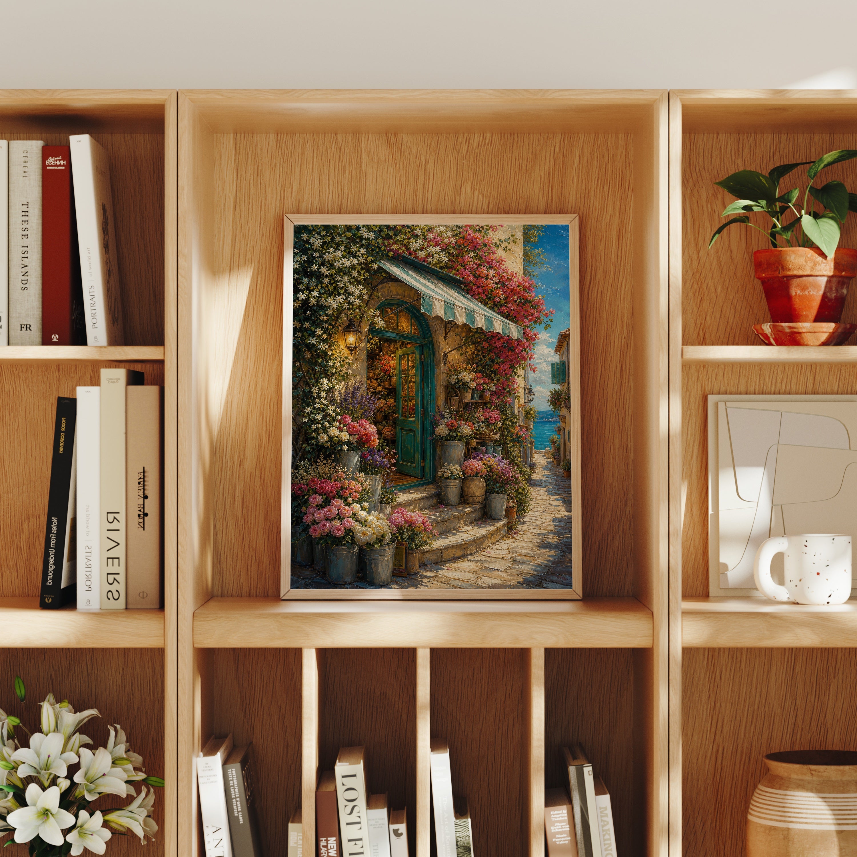 Blooming Cottage Doorway poster home decor mockup by Seji Art