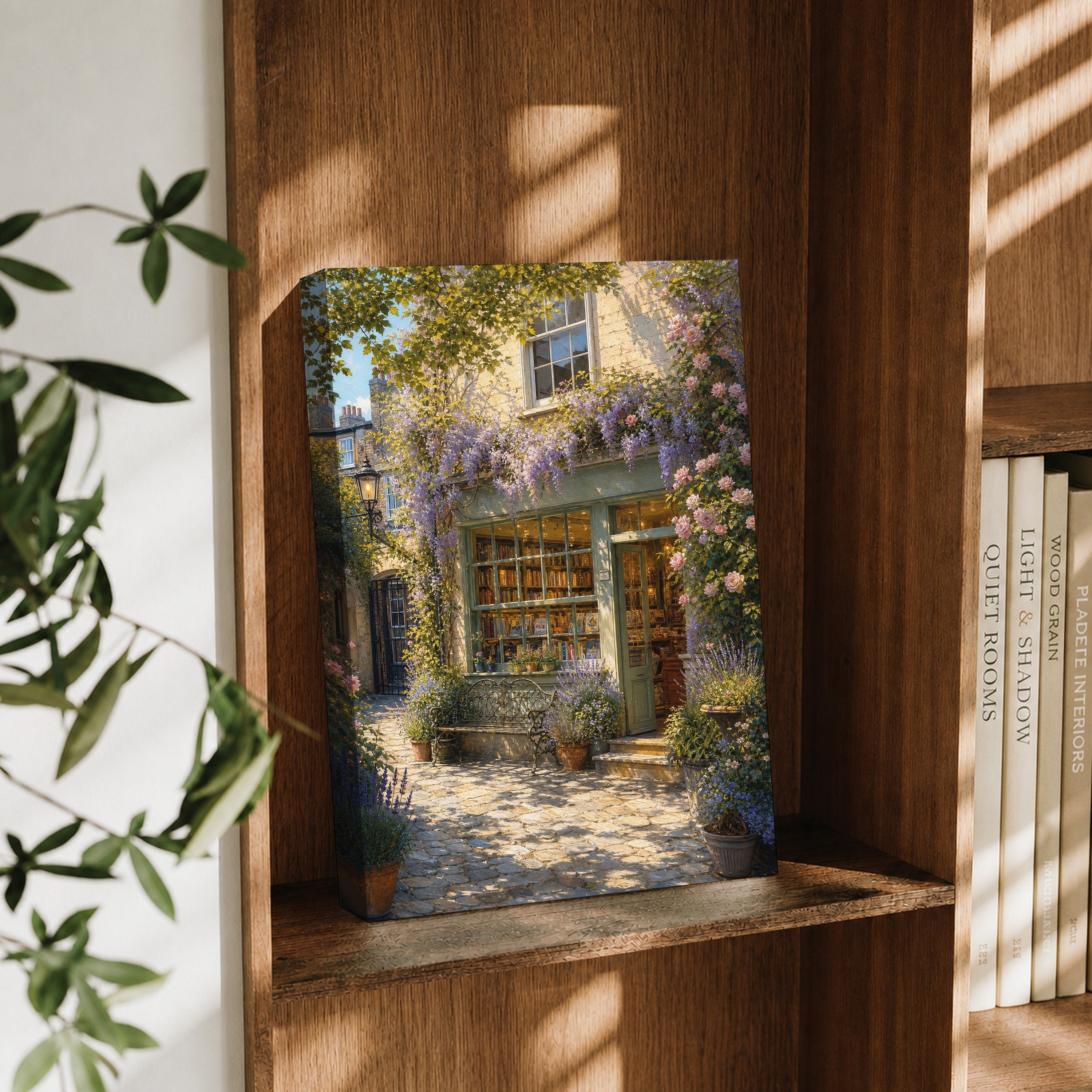 Blooming Stone Cottage Garden canvas wall art decor mockup by Seji Art
