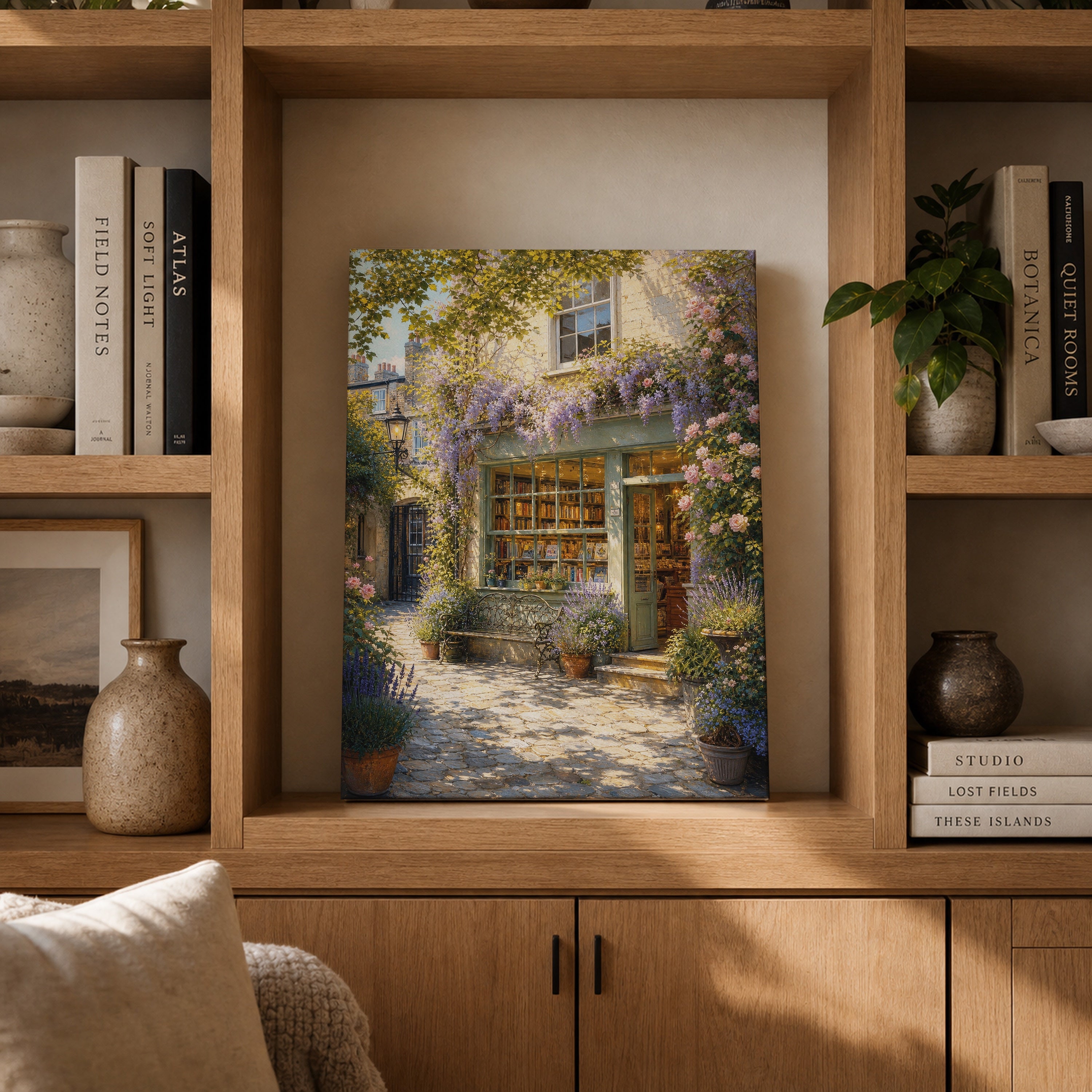 Blooming Stone Cottage Garden canvas gallery shelf mockup by Seji Art