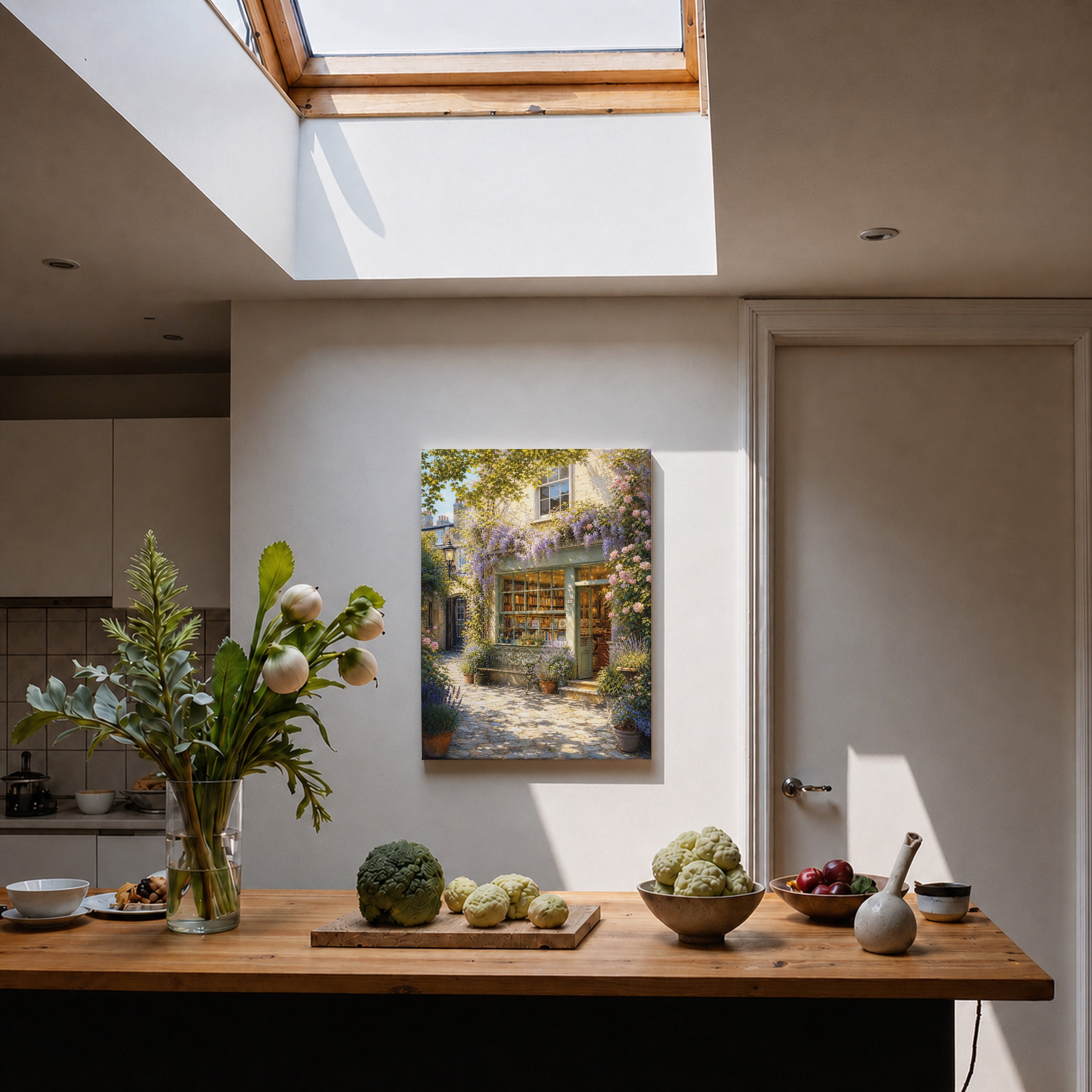 Blooming Stone Cottage Garden canvas home decor mockup by Seji Art