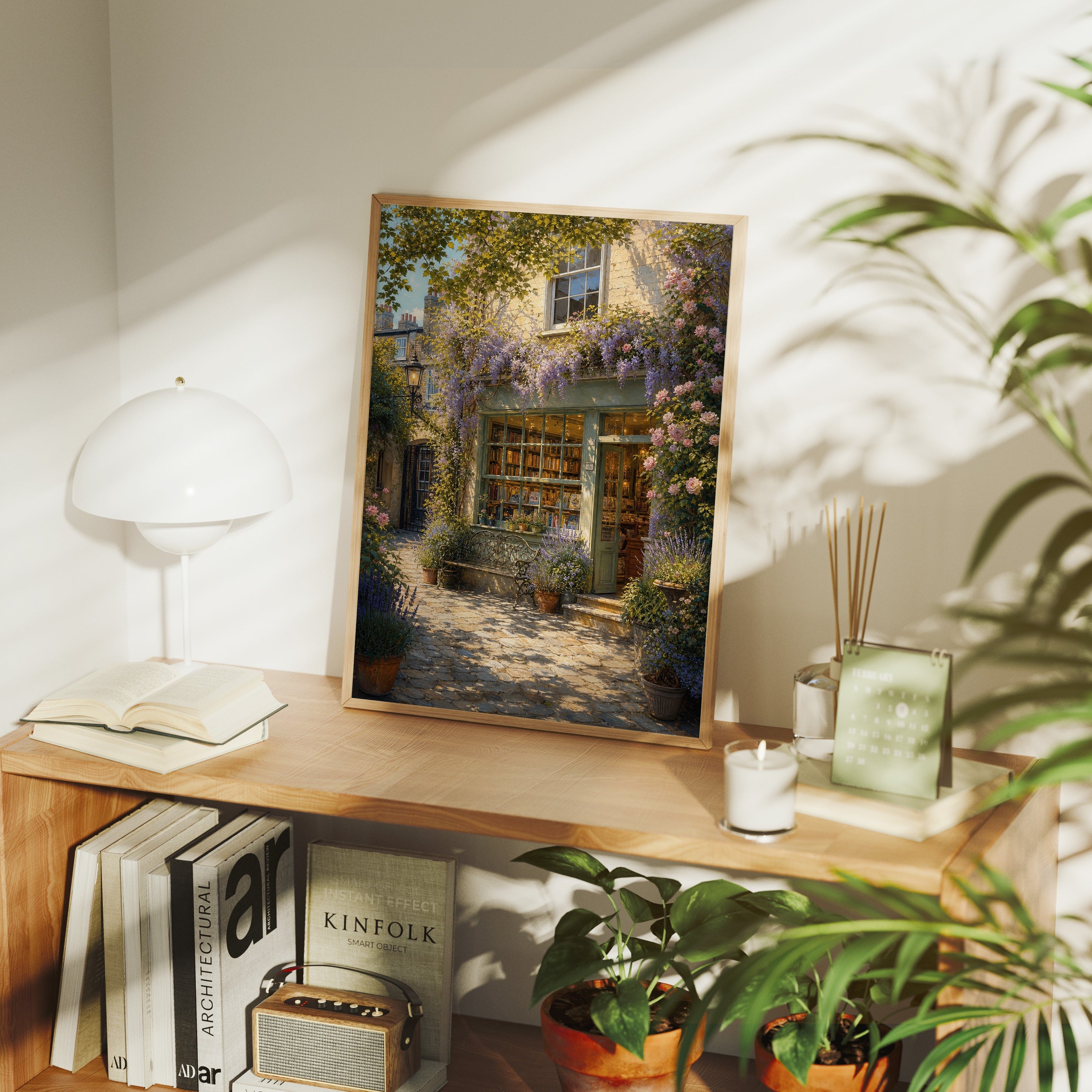 Blooming Stone Cottage Garden poster framed room mockup by Seji Art