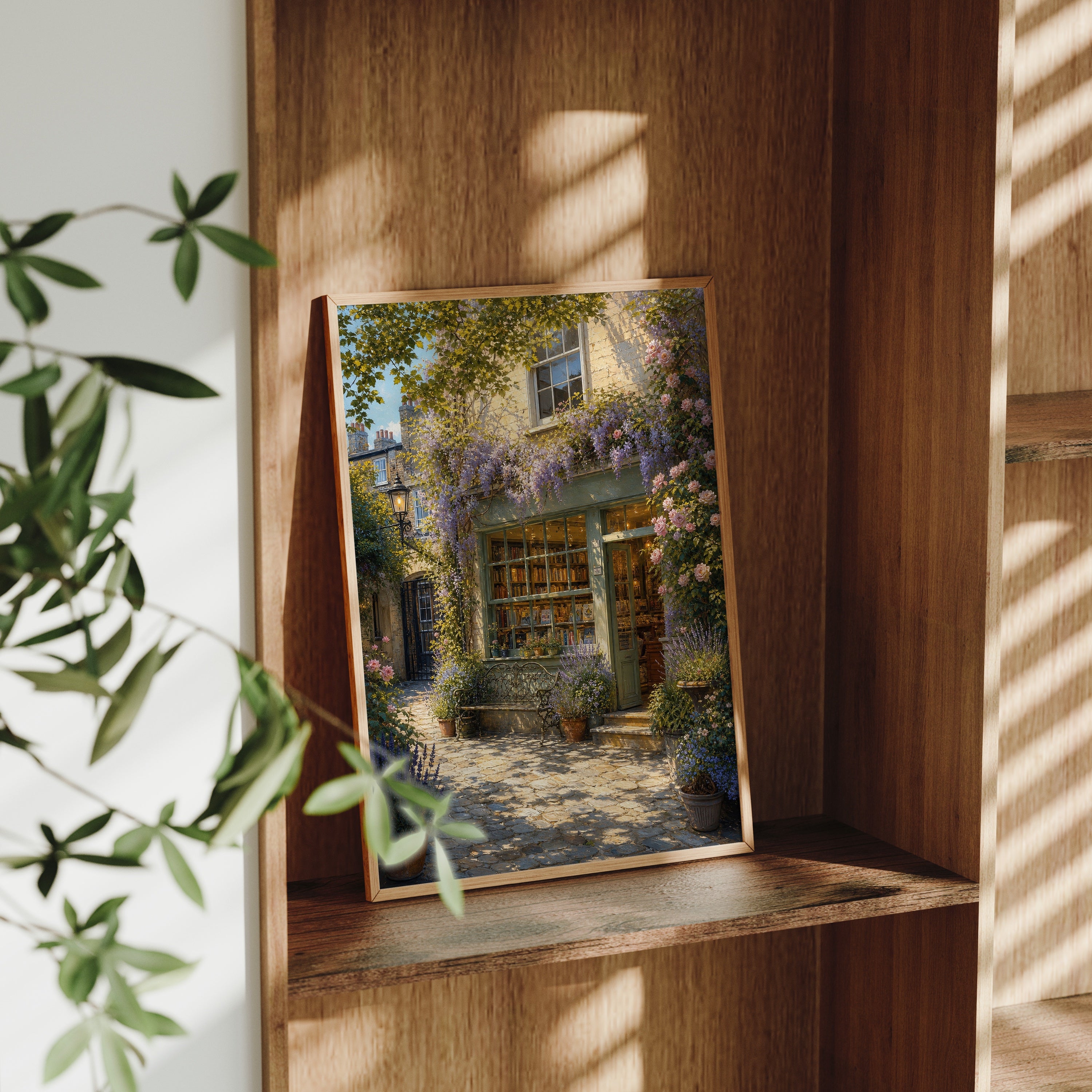 Blooming Stone Cottage Garden poster gallery shelf mockup by Seji Art