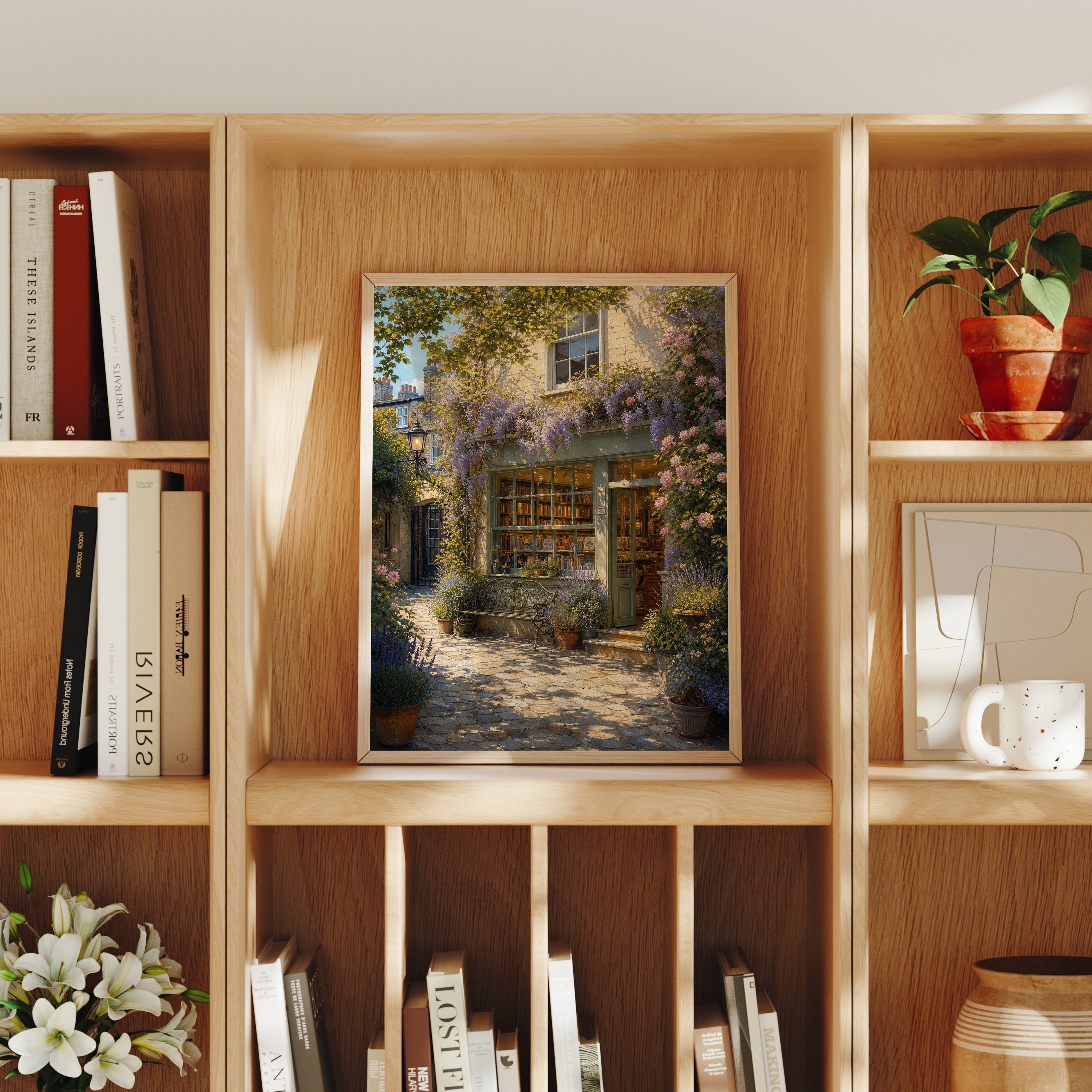 Blooming Stone Cottage Garden poster home decor mockup by Seji Art
