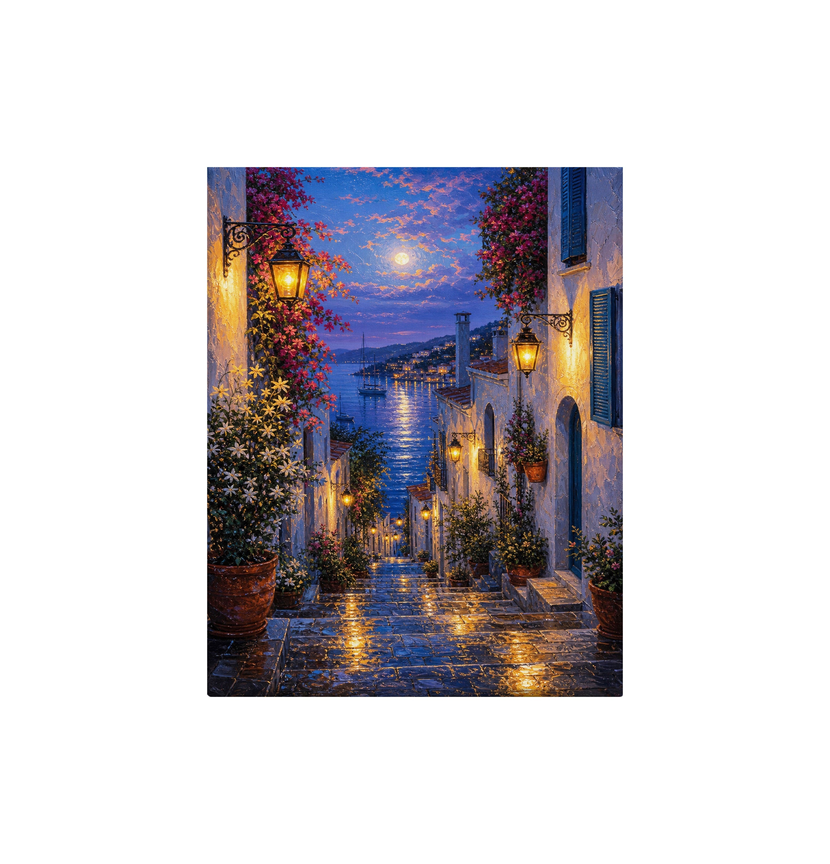 Blue Alley Rain Lanterns canvas wall art preview by Seji Art