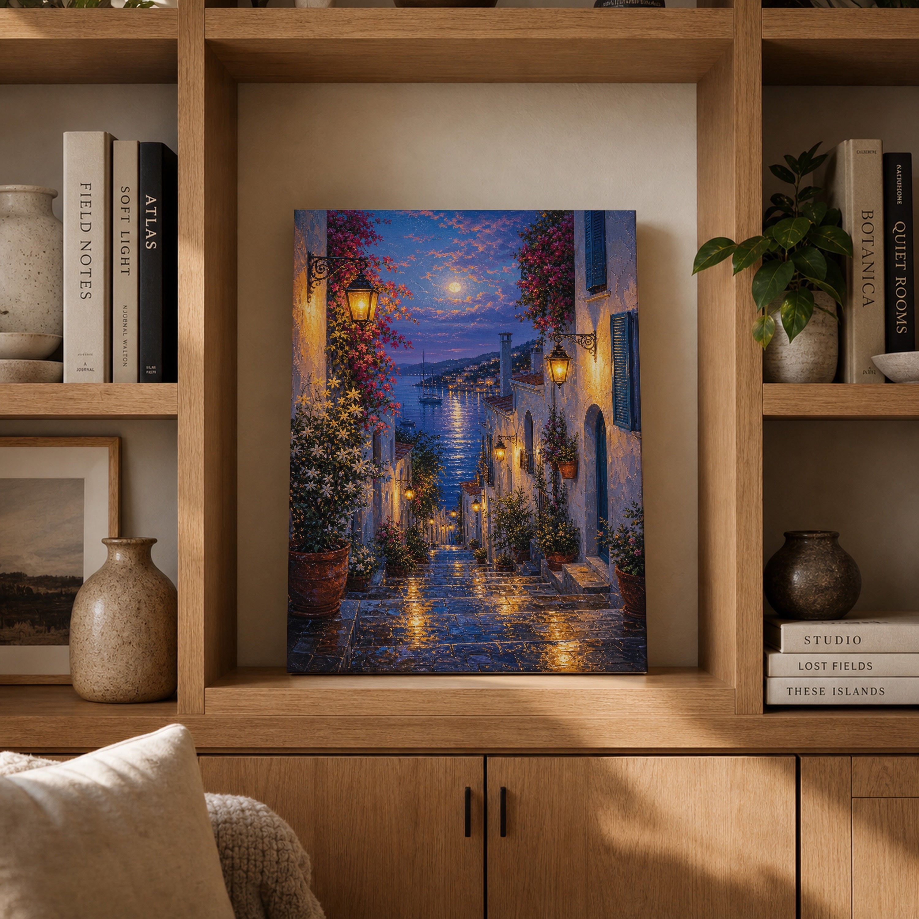 Blue Alley Rain Lanterns canvas gallery shelf mockup by Seji Art