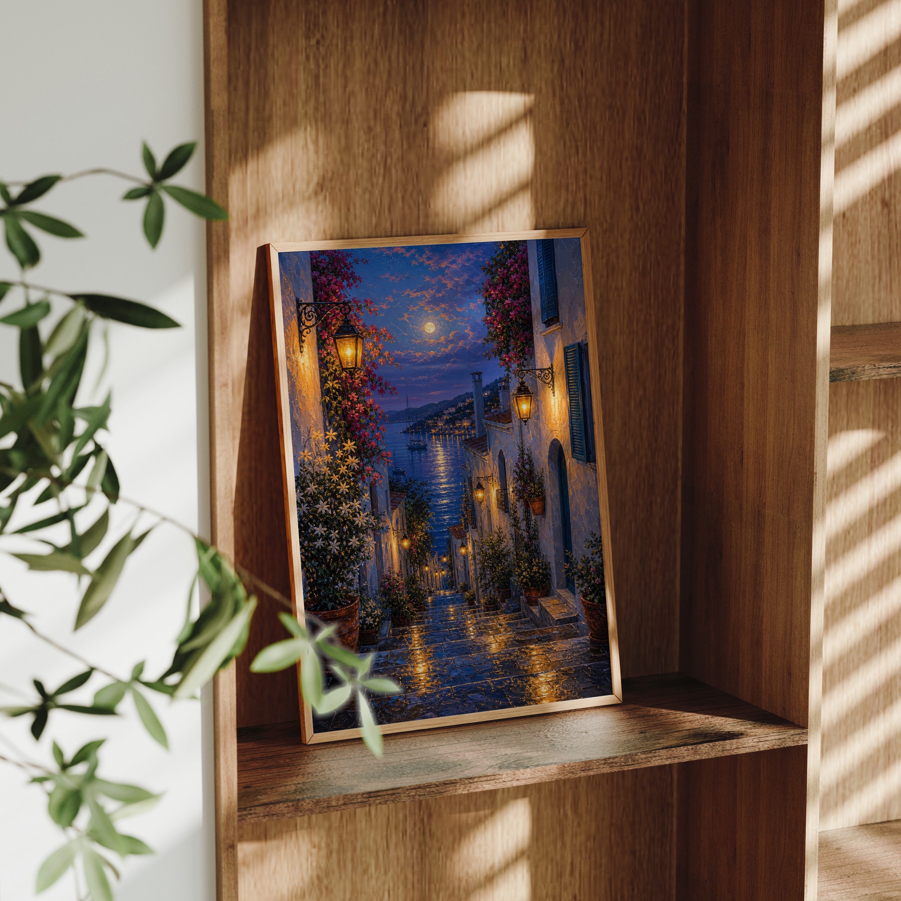 Blue Alley Rain Lanterns poster gallery shelf mockup by Seji Art