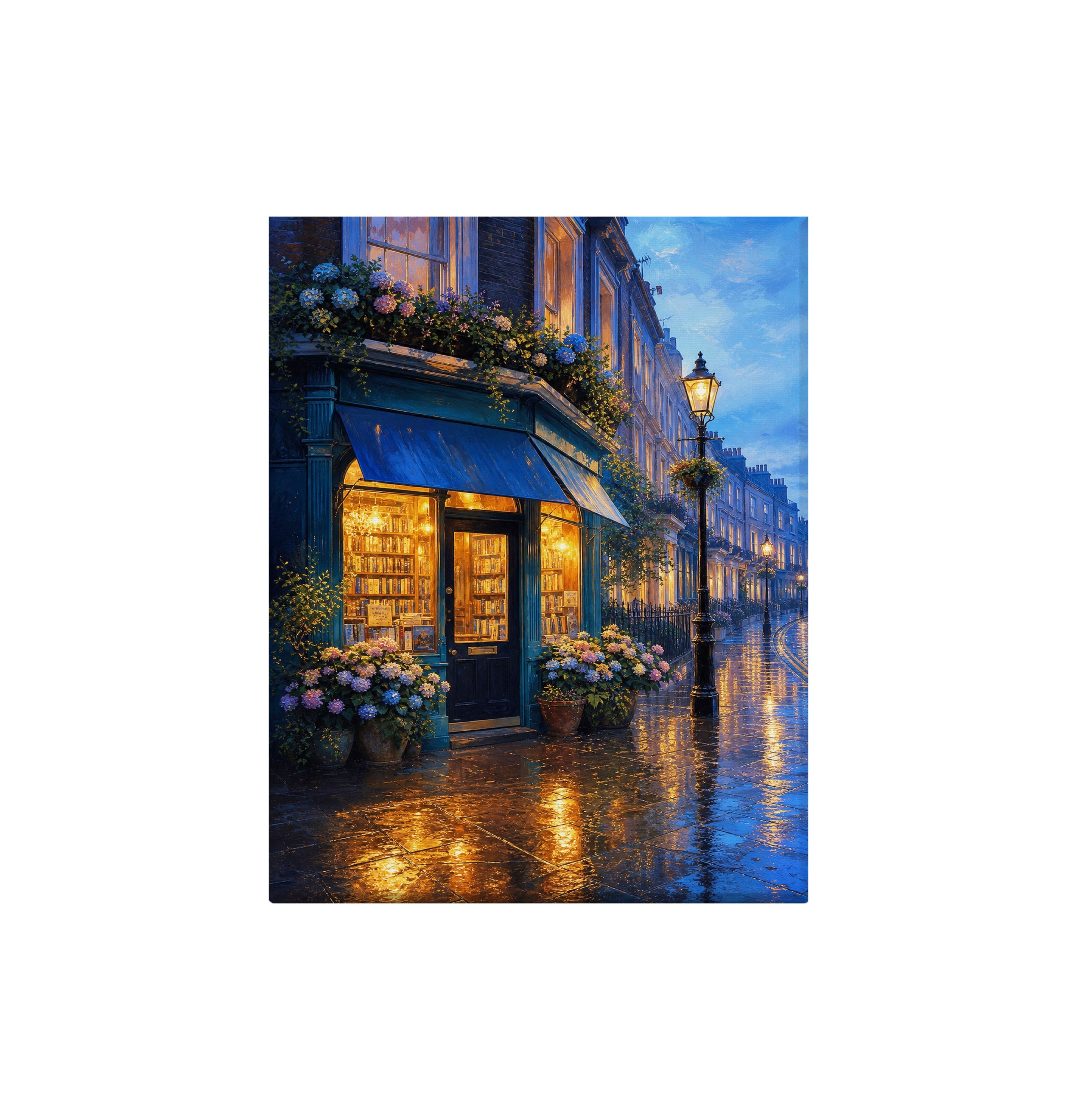 Blue Hour Flower Shop Street canvas wall art preview by Seji Art