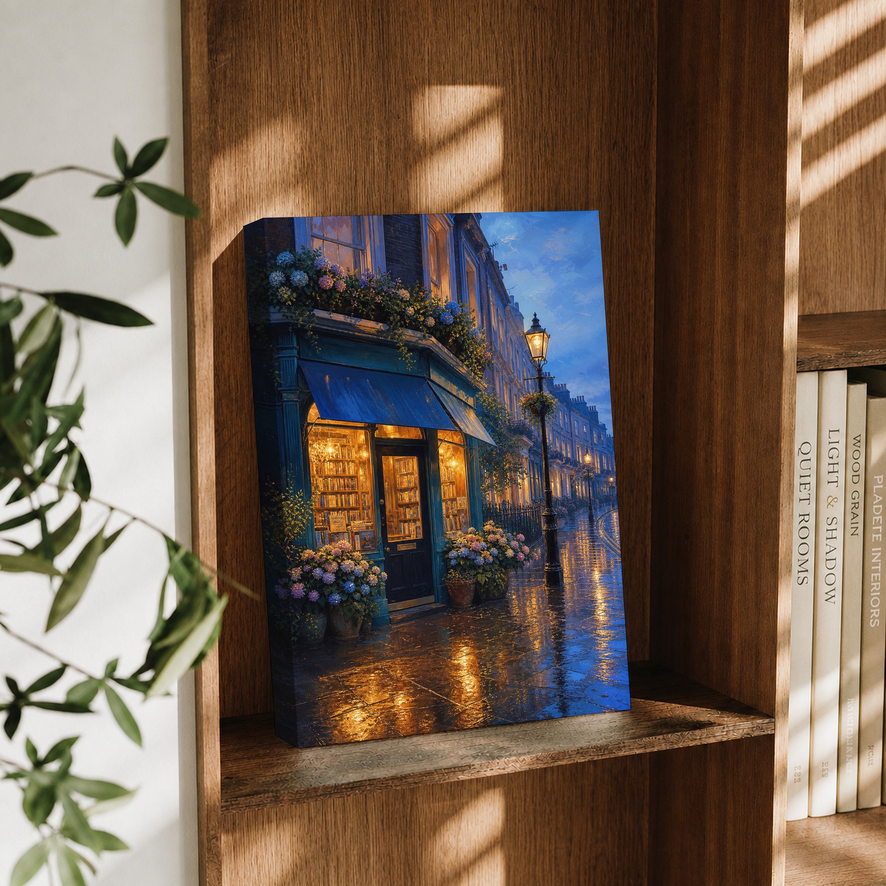Blue Hour Flower Shop Street canvas wall art decor mockup by Seji Art