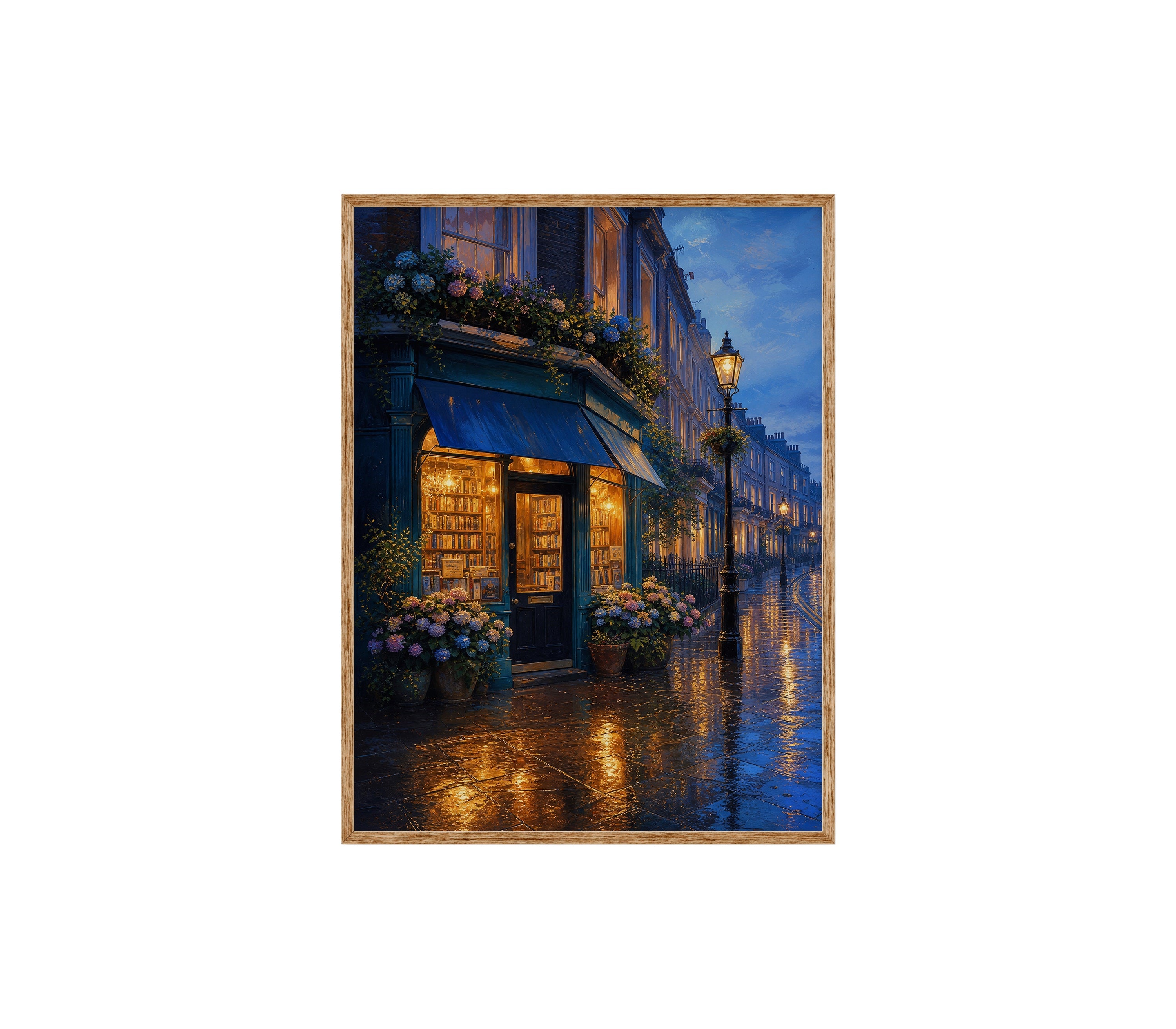 Blue Hour Flower Shop Street poster print preview by Seji Art