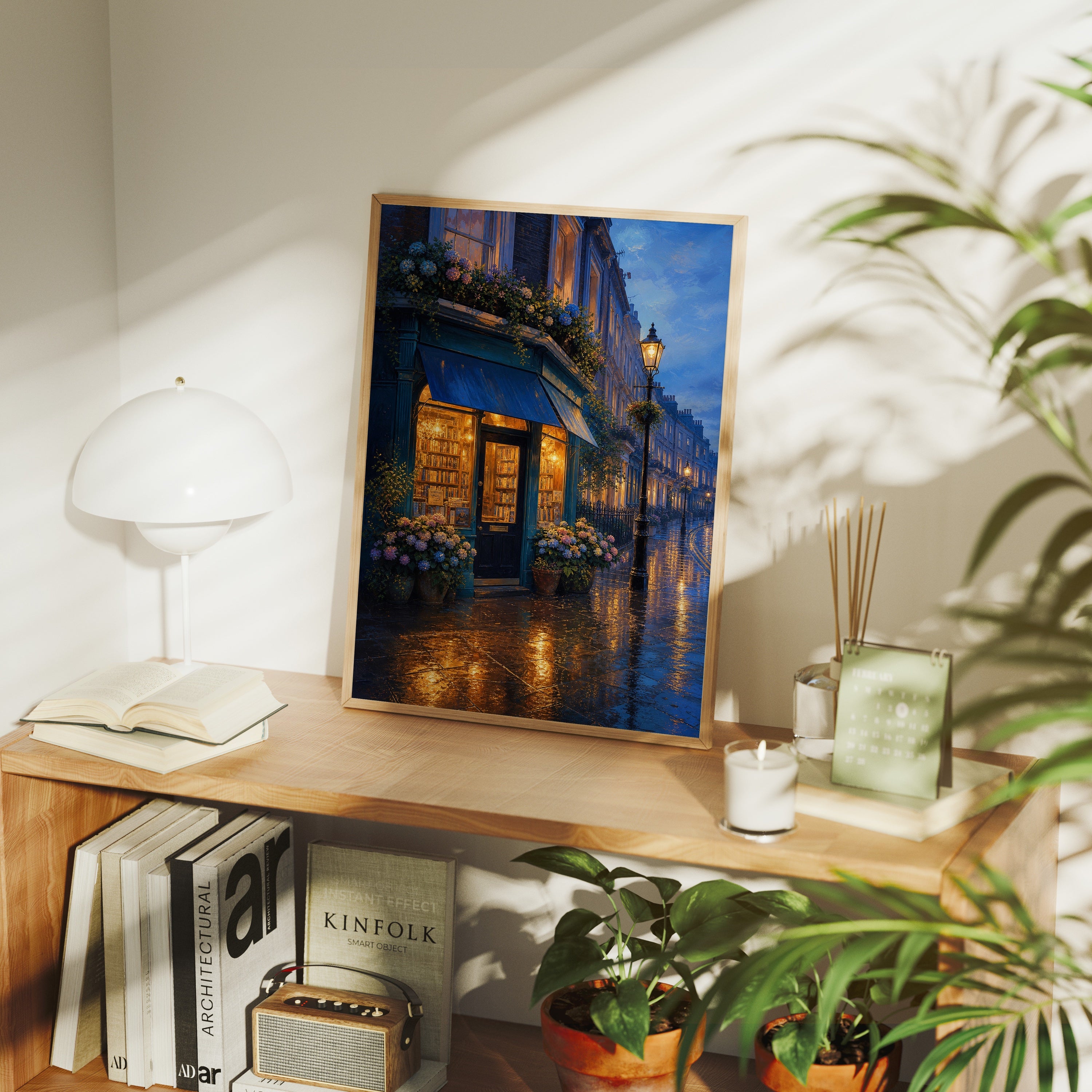 Blue Hour Flower Shop Street poster framed room mockup by Seji Art