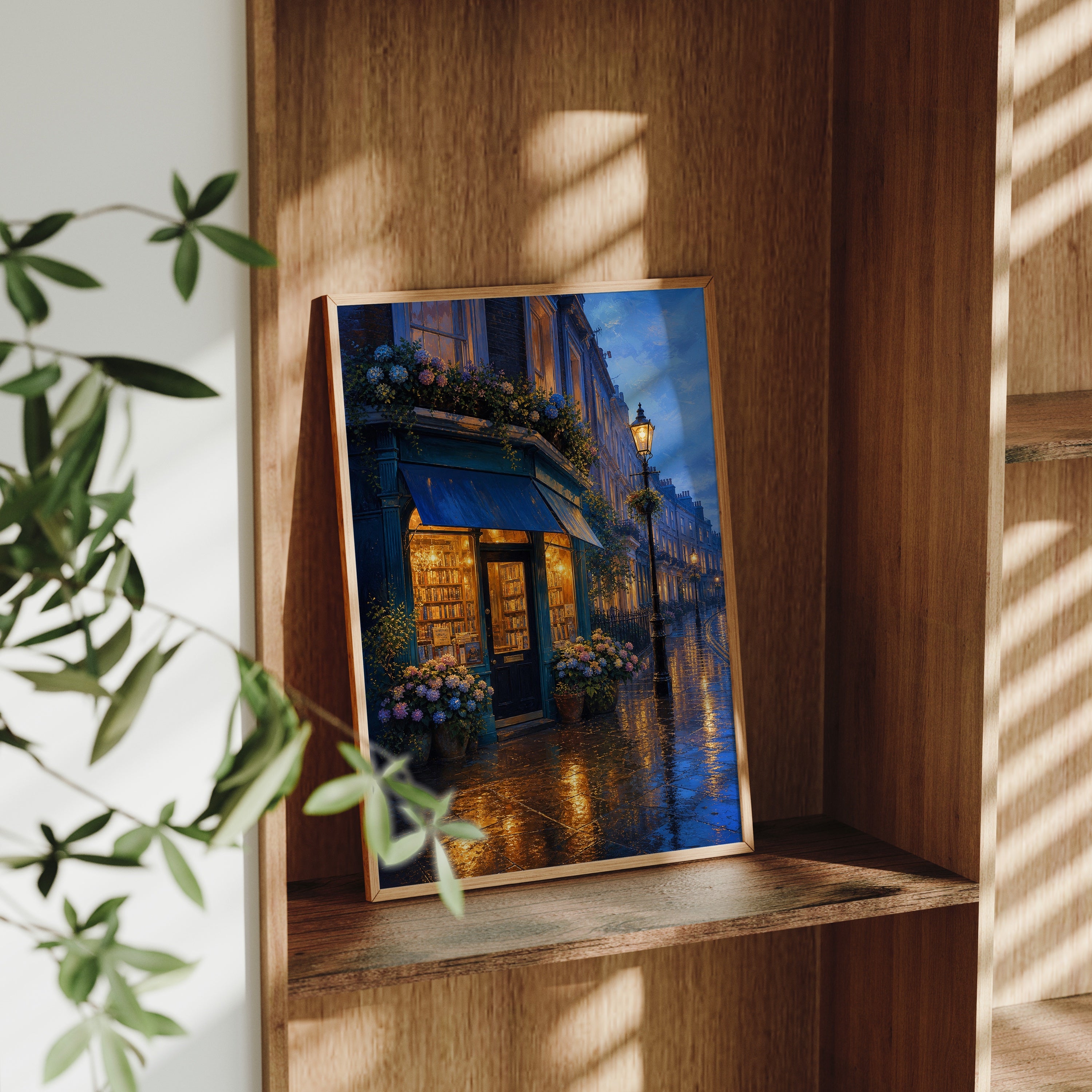 Blue Hour Flower Shop Street poster gallery shelf mockup by Seji Art