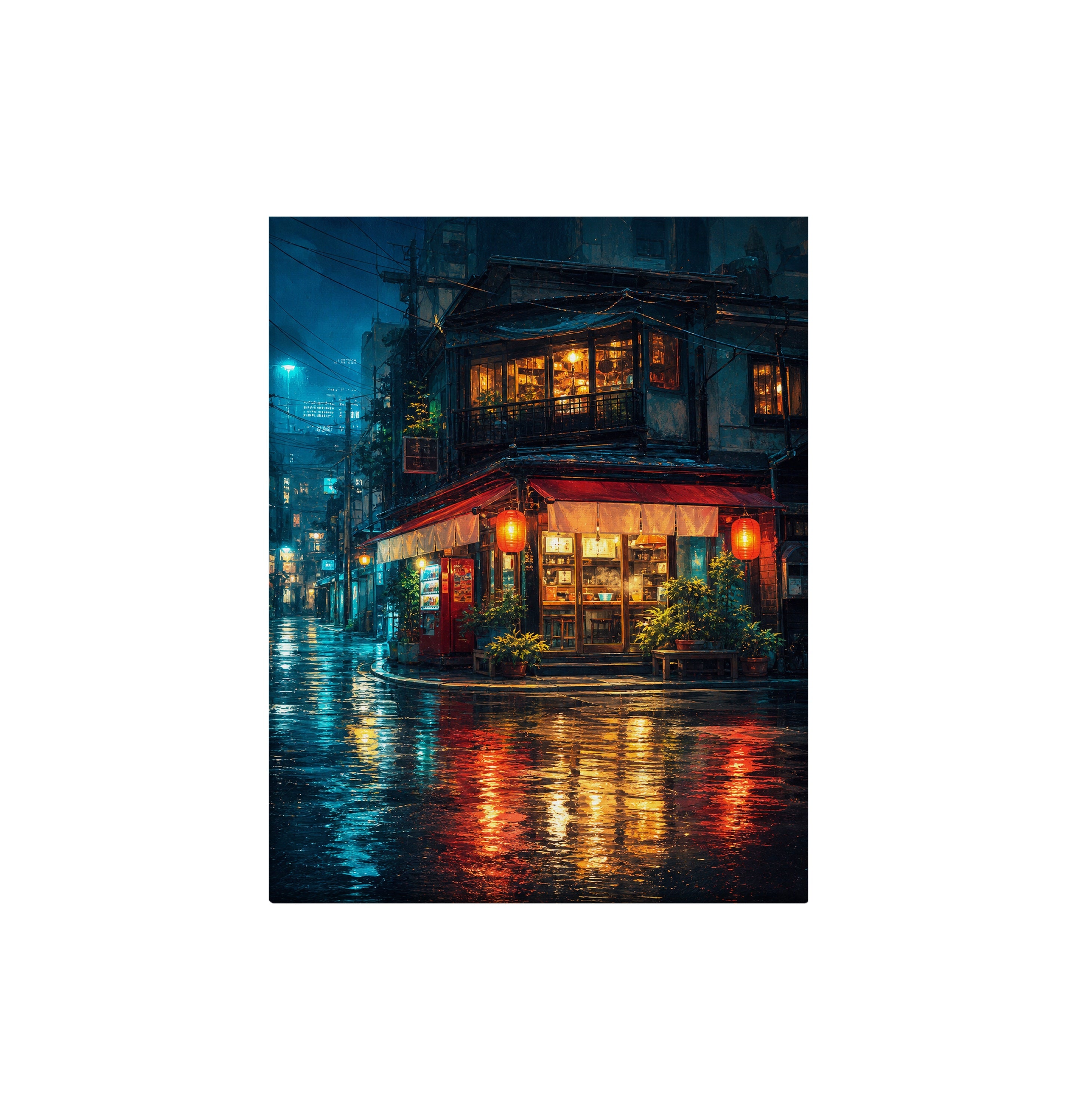 Blue Rain Corner Bistro canvas wall art preview by Seji Art