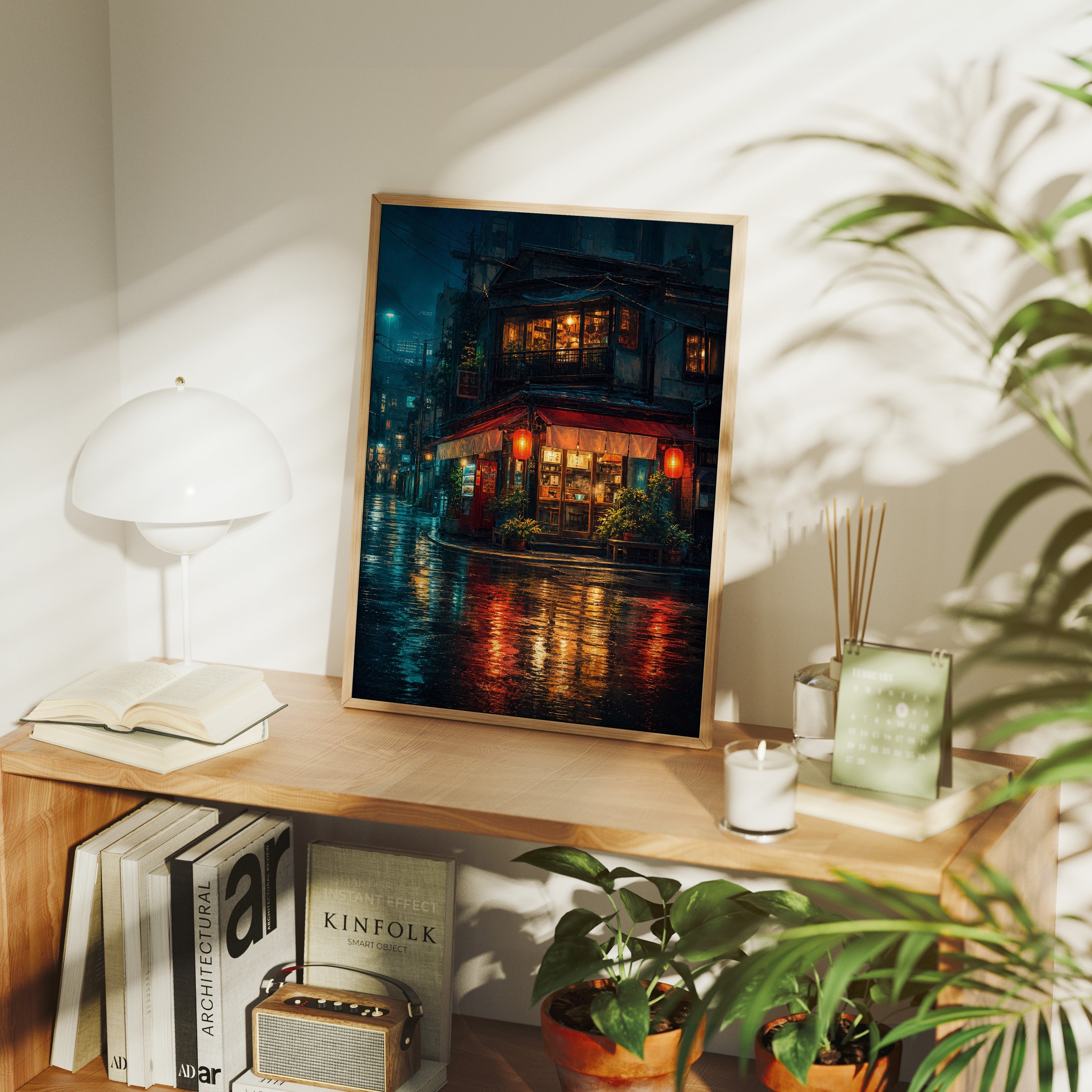 Blue Rain Corner Bistro poster framed room mockup by Seji Art