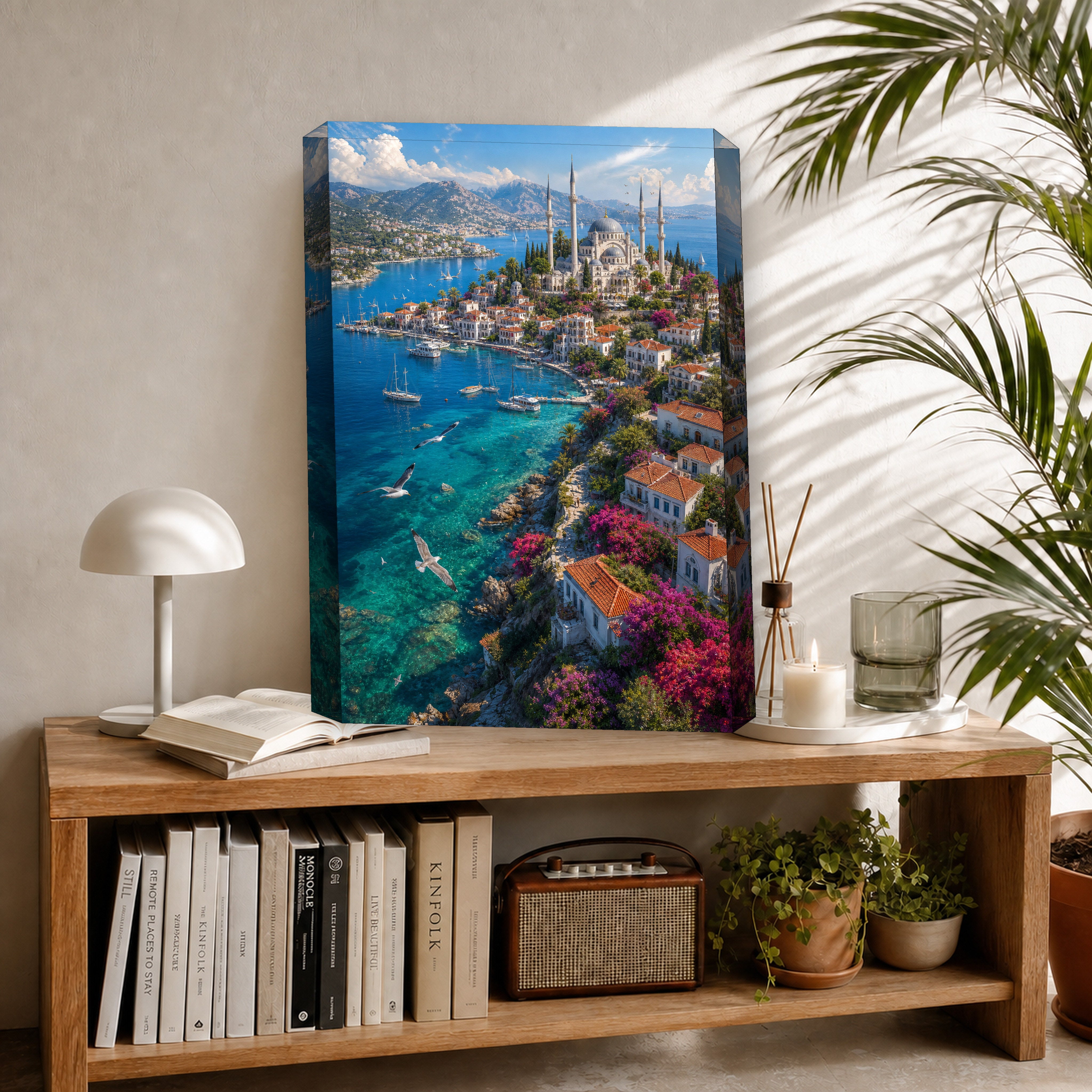 Bodrum Aegean Cliff Harbor canvas room mockup by Seji Art