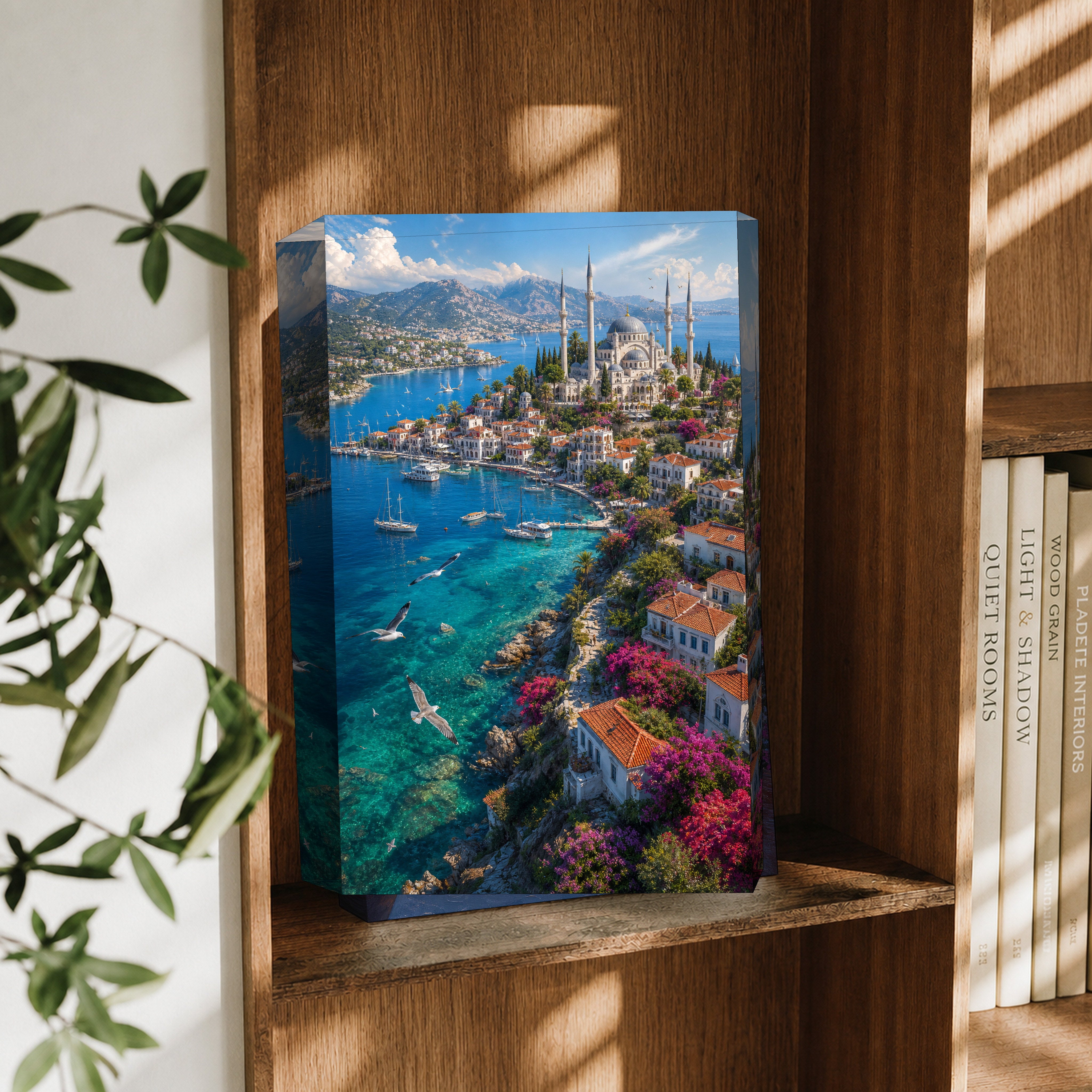 Bodrum Aegean Cliff Harbor canvas wall art decor mockup by Seji Art