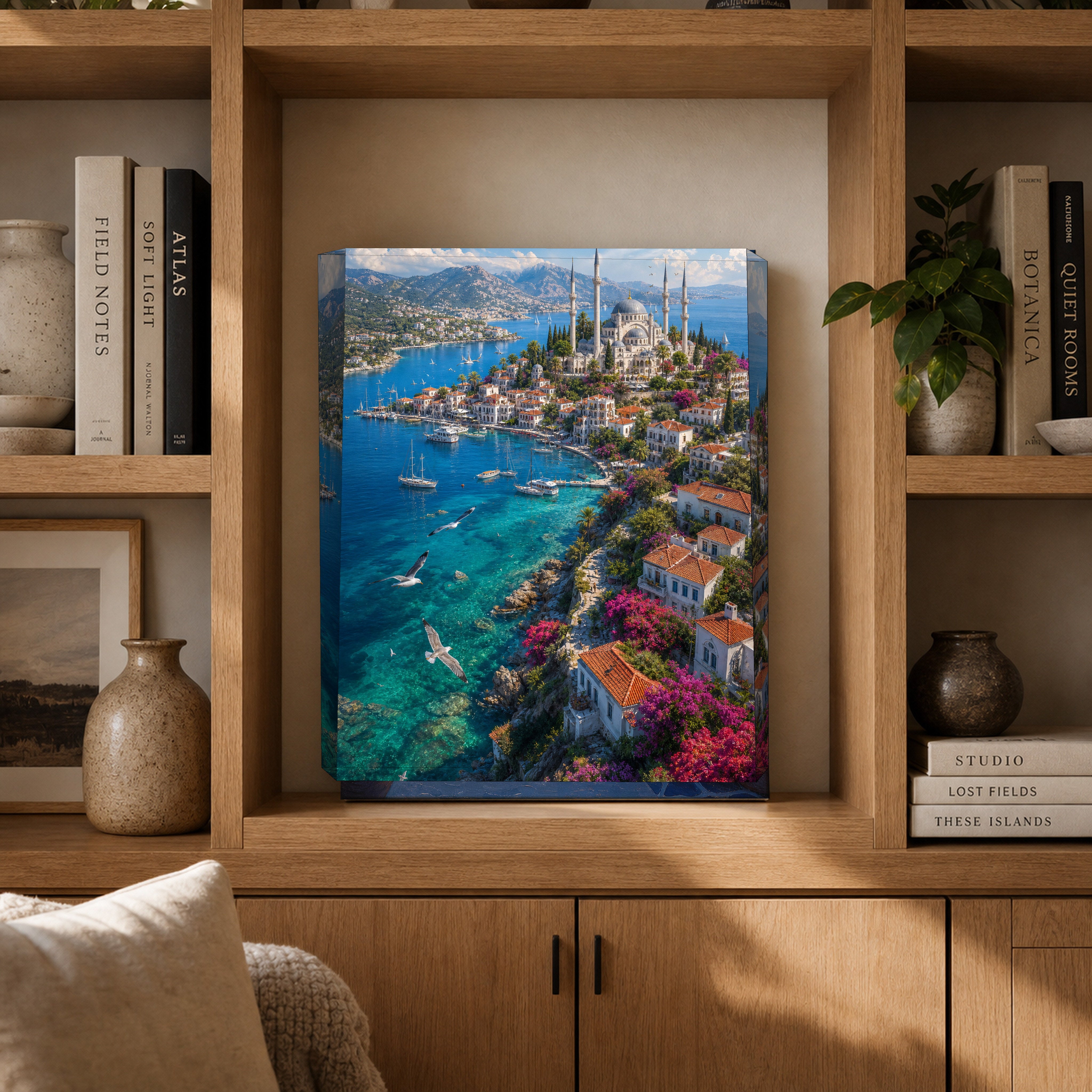 Bodrum Aegean Cliff Harbor canvas gallery shelf mockup by Seji Art