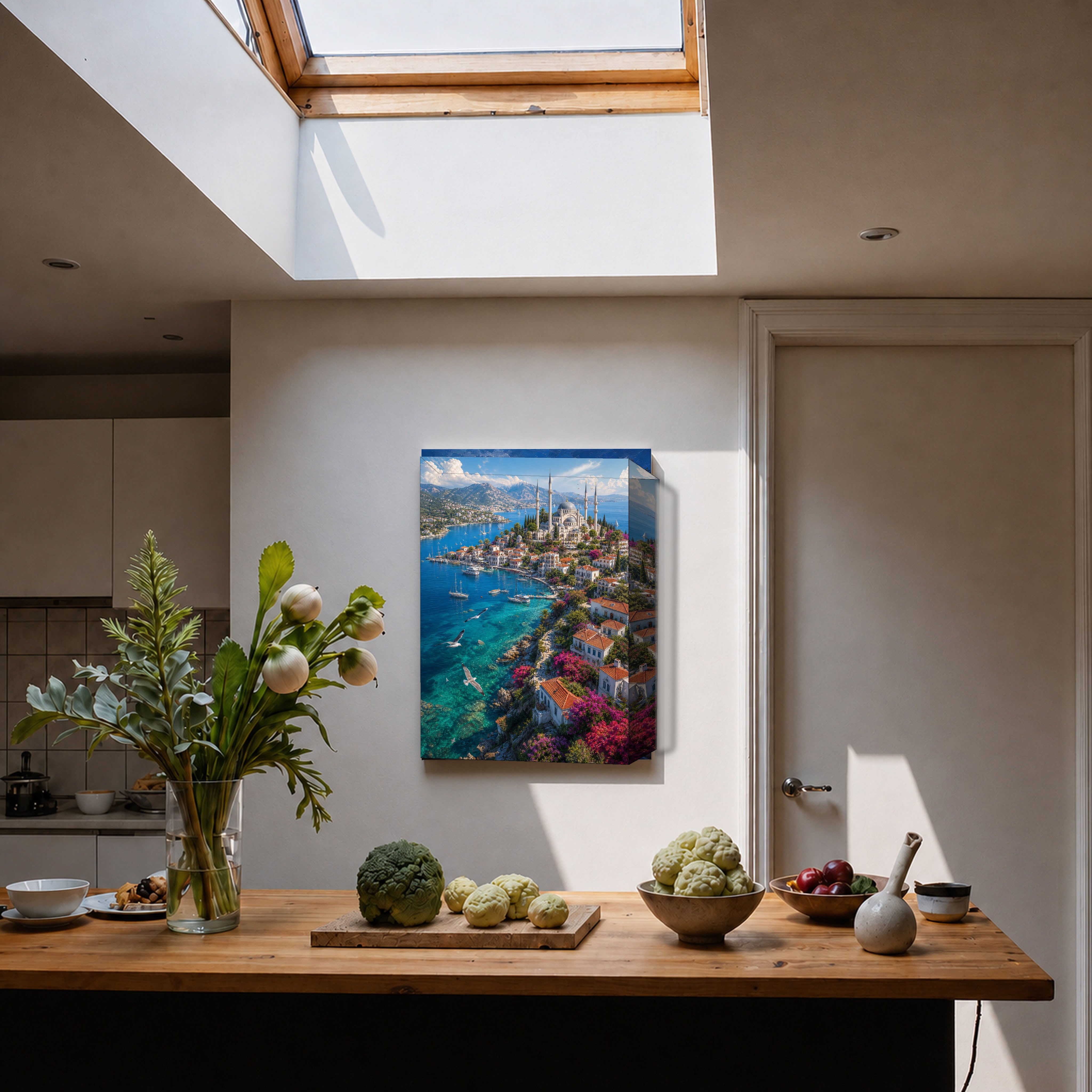 Bodrum Aegean Cliff Harbor canvas home decor mockup by Seji Art