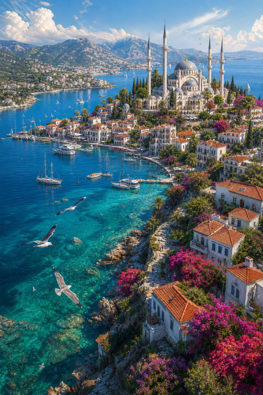 Bodrum Aegean Cliff Harbor poster print preview by Seji Art