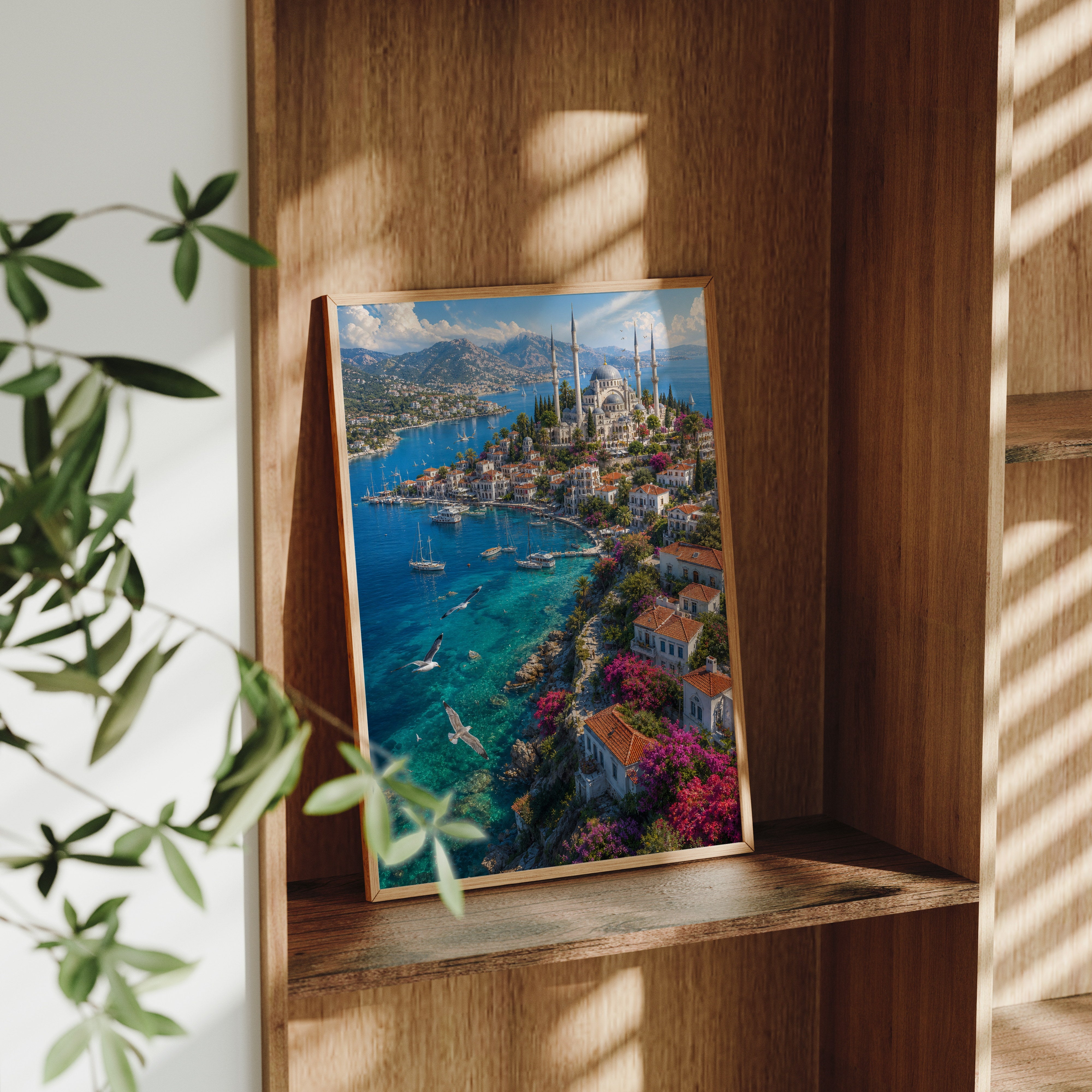 Bodrum Aegean Cliff Harbor poster framed room mockup by Seji Art